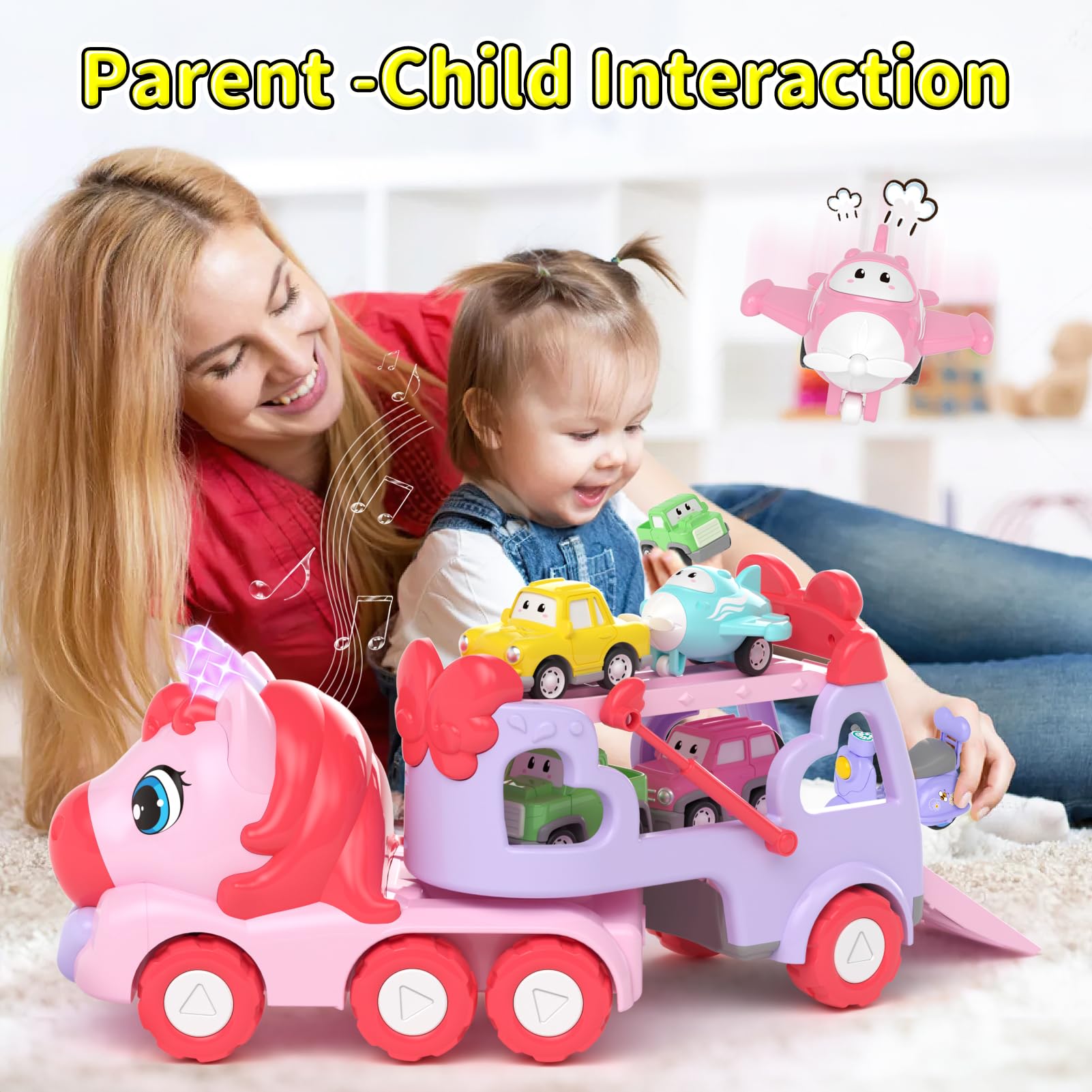 Best 7-in-1 Carrier Truck Toy for 1-3 Year Old Girls - Light & Sound Toy Cars with Music | Toddler Learning Toys for Girls Age 1-2-3 | Perfect Birthday, Christmas & Easter Gift for Toddlers | Great for Pretend Play, Early Learning & Indoor Fun