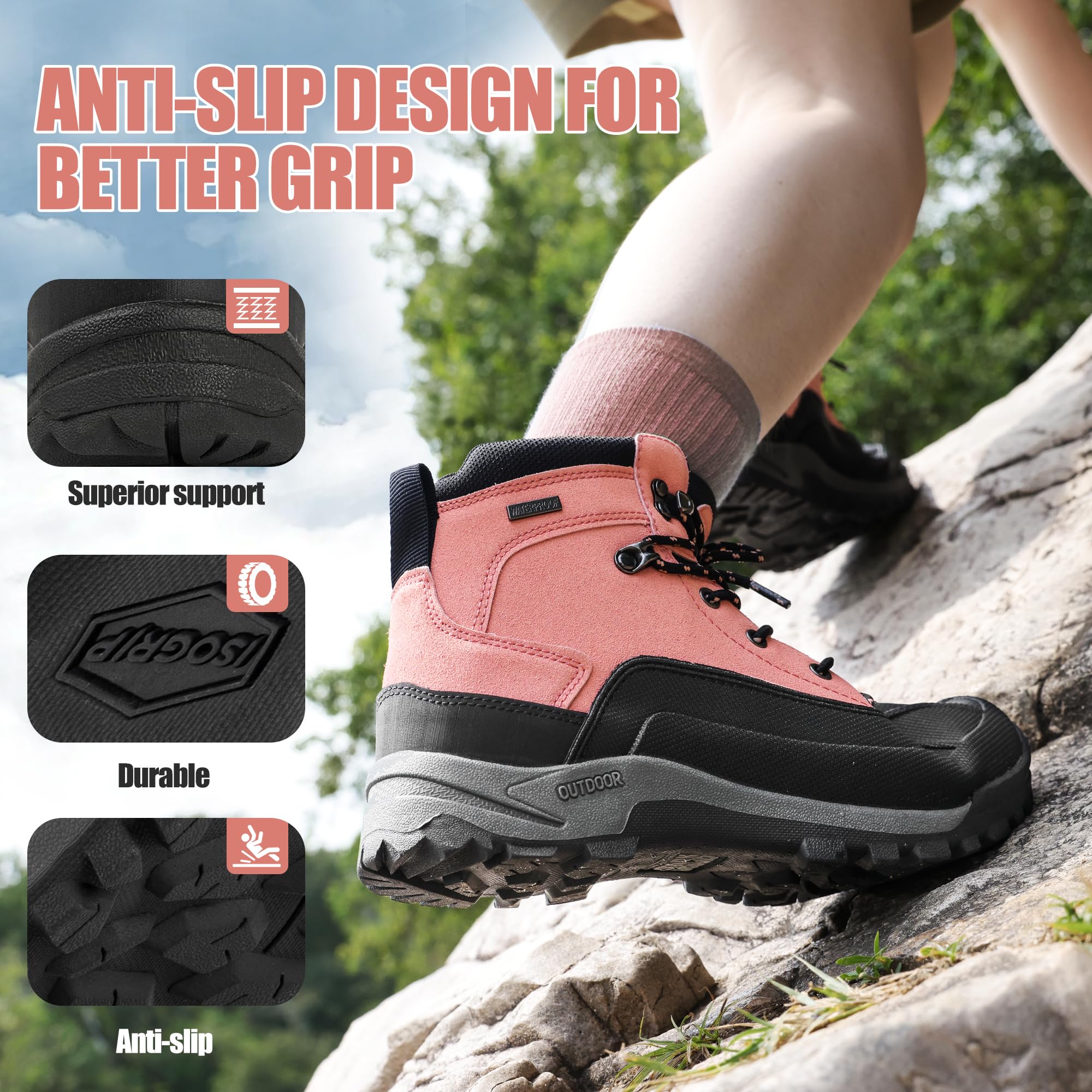 Women's Waterproof Hiking Boots - Lightweight Ankle Support Trail Shoes for Backpacking | Non-Slip Breathable Outdoor Boots for Hiking, Camping & Mountain Adventures