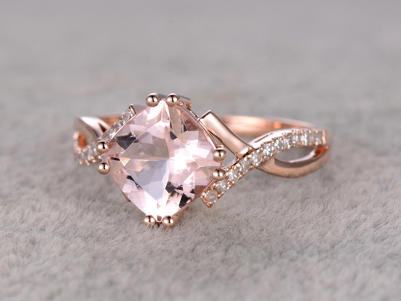 2.4 Carat Cushion Cut Morganite & Diamond Engagement Ring in 14k Rose Gold - Infinity Twisted Split Shank Design for Wedding, Proposal & Anniversary Gifts - Perfect for Bridal Jewelry & Special Occasions