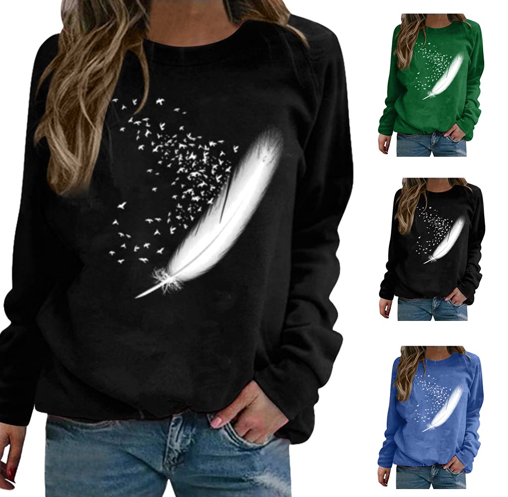 AKIWOS Women's Long Sleeve T-Shirts - Casual Crewneck Blouse with Stylish Pattern & Spliced Design | Loose Fit Summer Top for Work, Travel & Everyday Wear