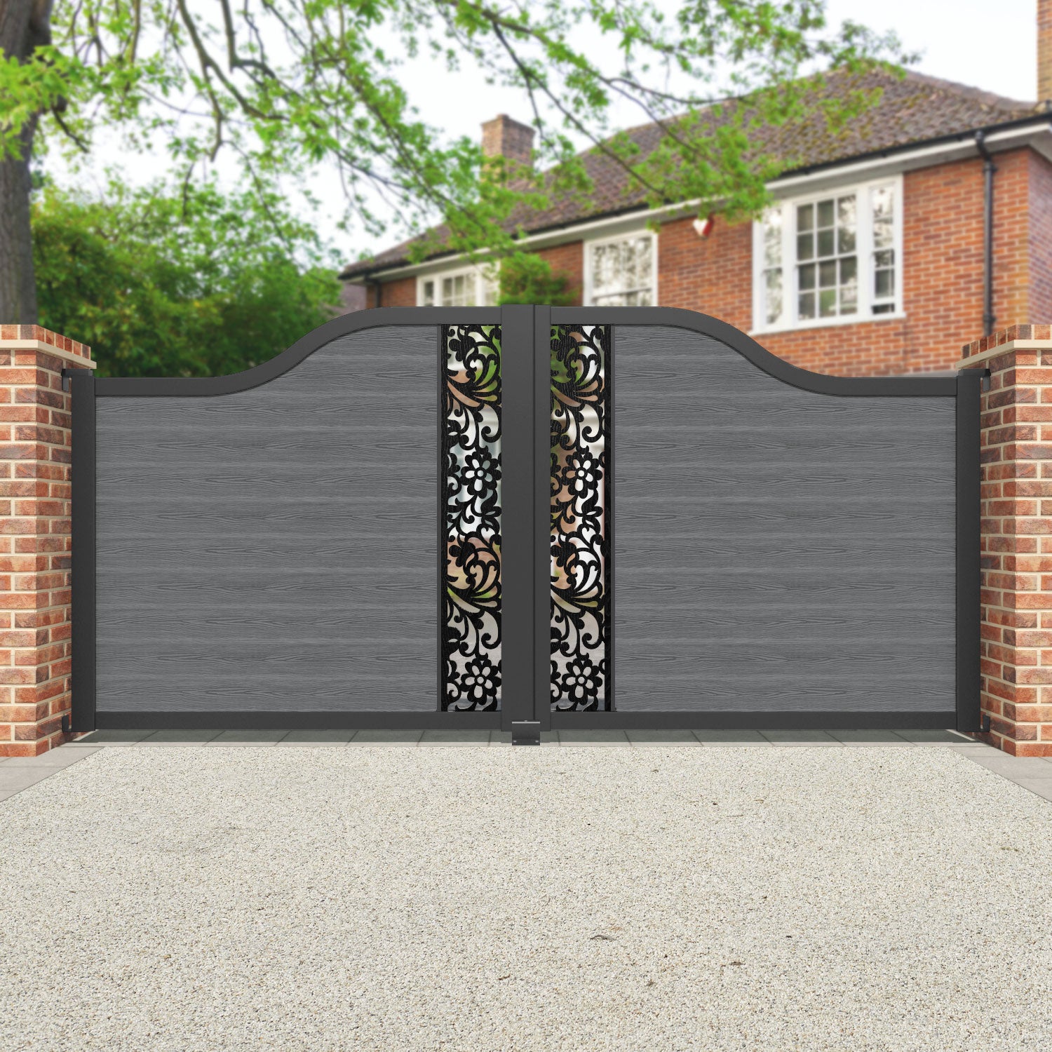 Classic Eden Curved Top Driveway Gate - Mid Grey with Middle Screen | Elegant Driveway Entrance for Homes & Estates | Perfect for Privacy & Security