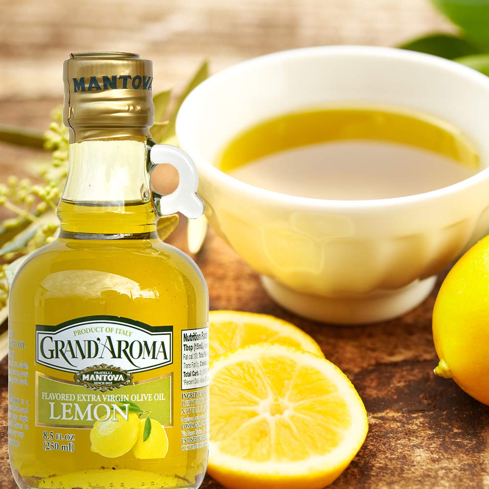 Premium Italian Extra Virgin Olive Oil - Mantova Grand’Aroma Cold-Pressed Lemon Flavored, 100% Natural, Heart-Healthy Cooking Oil for Salad Dressing, Pasta, Garlic Bread, Meats & Pan Frying - 8.5 oz (Pack of 3) - Perfect for Mediterranean Cuisine & Gourmet Cooking