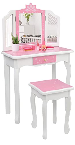Kids Wooden Princess Vanity Set with Stool & Tri-Folding Mirror - Pink Makeup Dressing Table with Storage Drawer - Perfect for Girls' Bedroom, Playroom & Birthday Gifts