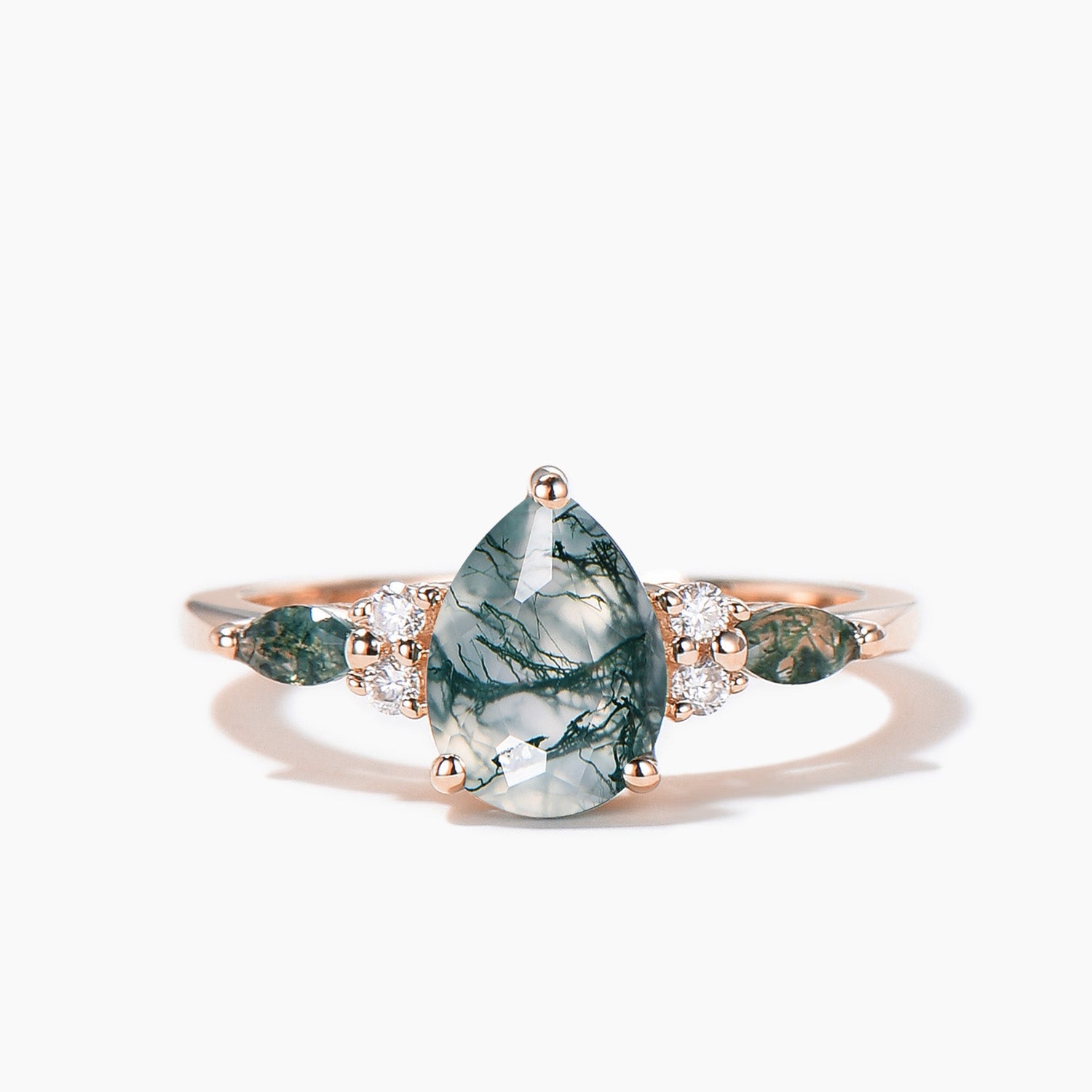 Natural Moss Agate Bridal Ring 14k Rose Gold Diamond Pear Wedding Ring – Elegant Engagement Jewelry for Brides, Nature-Inspired Wedding Band for Outdoor & Boho Ceremonies