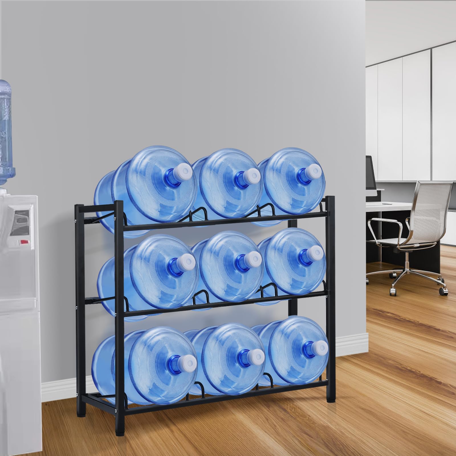 9-Tray Heavy Duty Carbon Steel Water Jug Rack - 5 Gallon Water Cooler Bottle Holder Stand for Home, Office & Warehouse | Space-Saving 3-Tier Organizer for Kitchen, Pantry & Utility Rooms (Black)