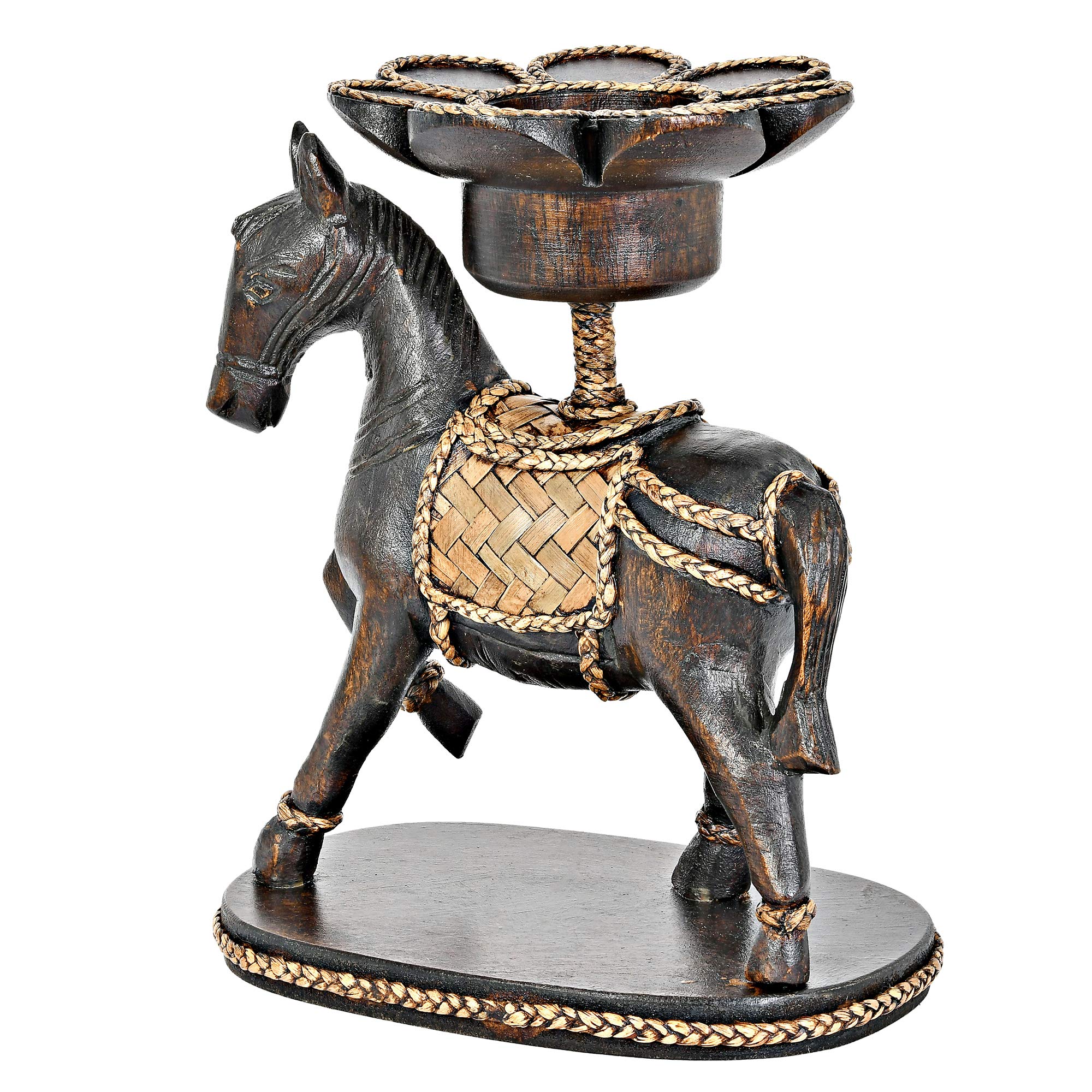 AeraVida Majestic Prancing Horse & Lotus Carved Rain Tree Wood Candle Holder - Handcrafted Home Decor for Living Room, Bedroom, Dining Table - Perfect for Romantic Dinners, Spa Relaxation & Holiday Centerpieces