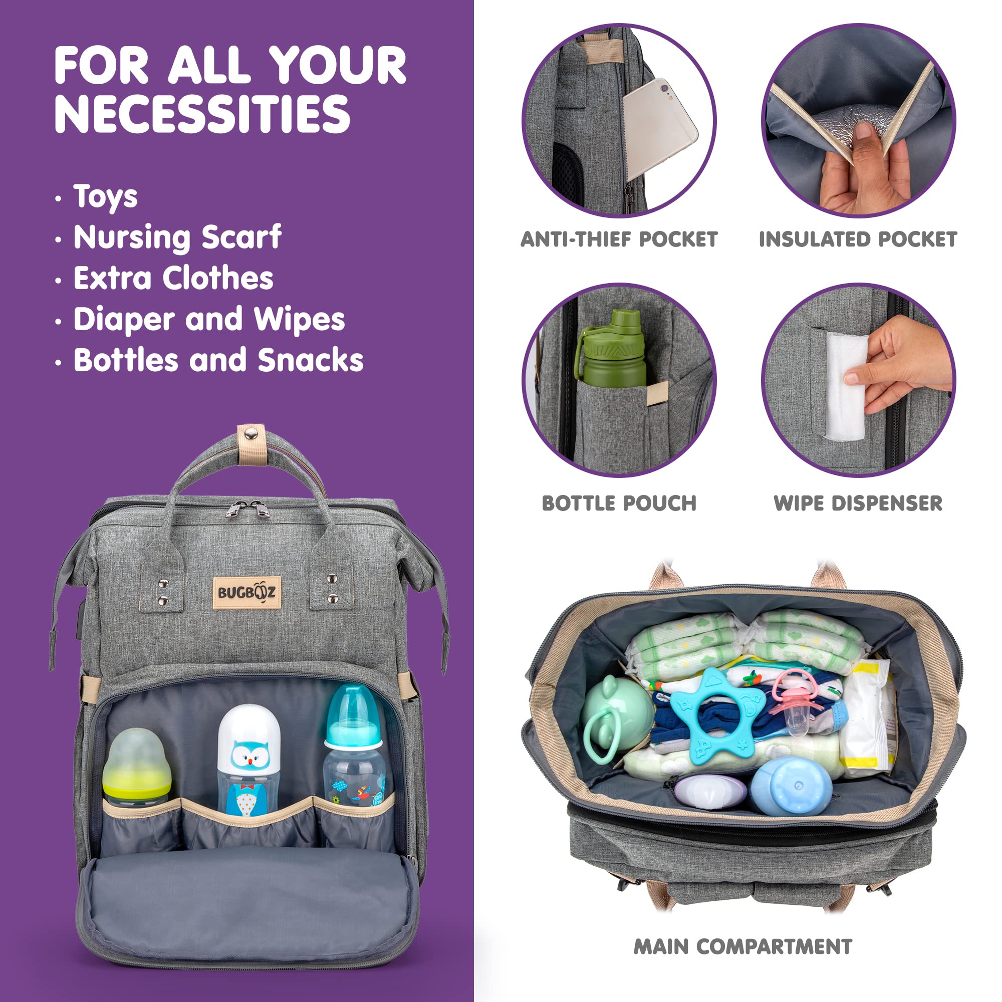 BUGBOOZ Large Waterproof Diaper Backpack for Baby - Gray & Black Travel Diaper Bag with Changing Station & USB Charging Port | Perfect for Daycare, Travel, and On-the-Go Parents (Pack of 1)