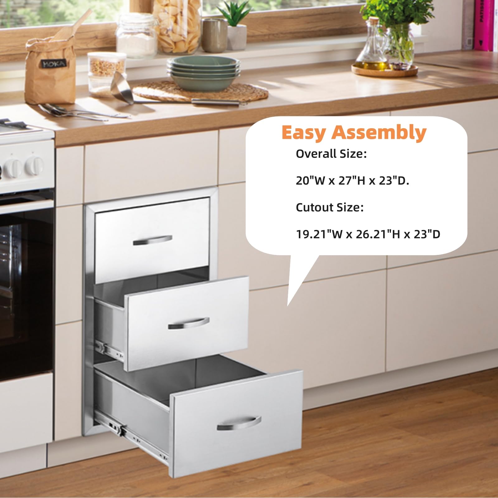 Stainless Steel Triple BBQ Storage Drawers for Outdoor Kitchen - 20W x 23D x 27H Inches Flush Mount Built-in Drawers with Venting Panel - Perfect for Kitchen Island, Patio Grill Station & Backyard Entertaining