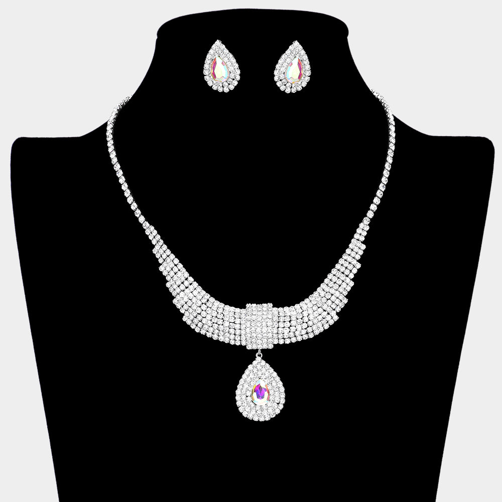 Elegant AB Crystal Teardrop Necklace with Rhinestone Cluster Accents - Evening & Prom Jewelry Set for Women | Perfect for Formal Events, Weddings, and Special Occasions | 634505