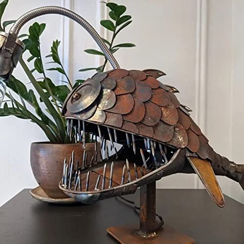 CAFELE Rustic USB Angler Fish Lamp - Steampunk Shark Table Lamp with Realistic Flickering LED Flame, Handmade Industrial Night Light for Bedroom, Office, Gaming Room Decor (Large Size)
