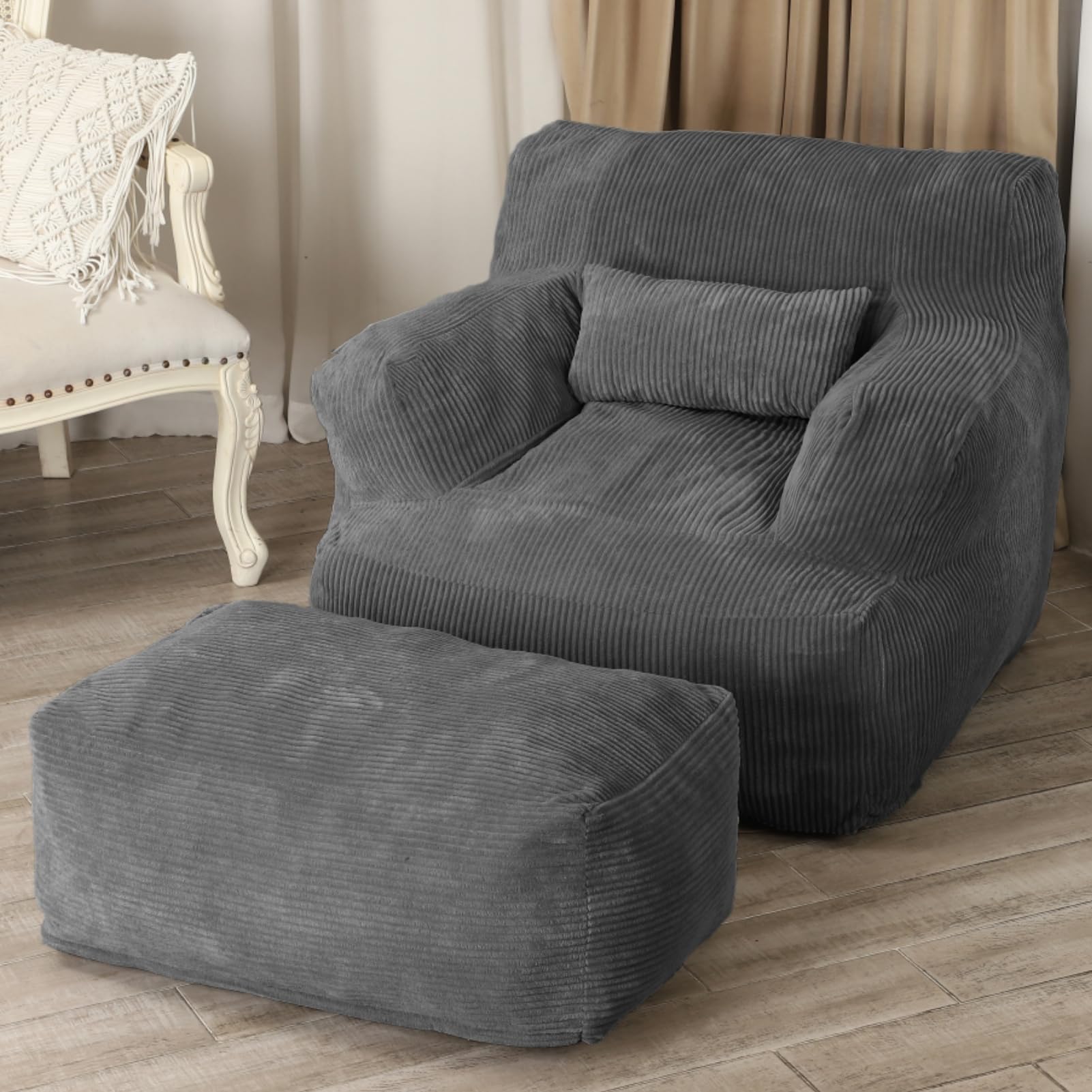 Giant Bean Bag Chair for Adults - Oversized Bean Bag Sofa with Ottoman, Dark Grey - Ultra Comfortable Reading & Lounging Chair for Dorm Room, Living Room, Bedroom & Game Room