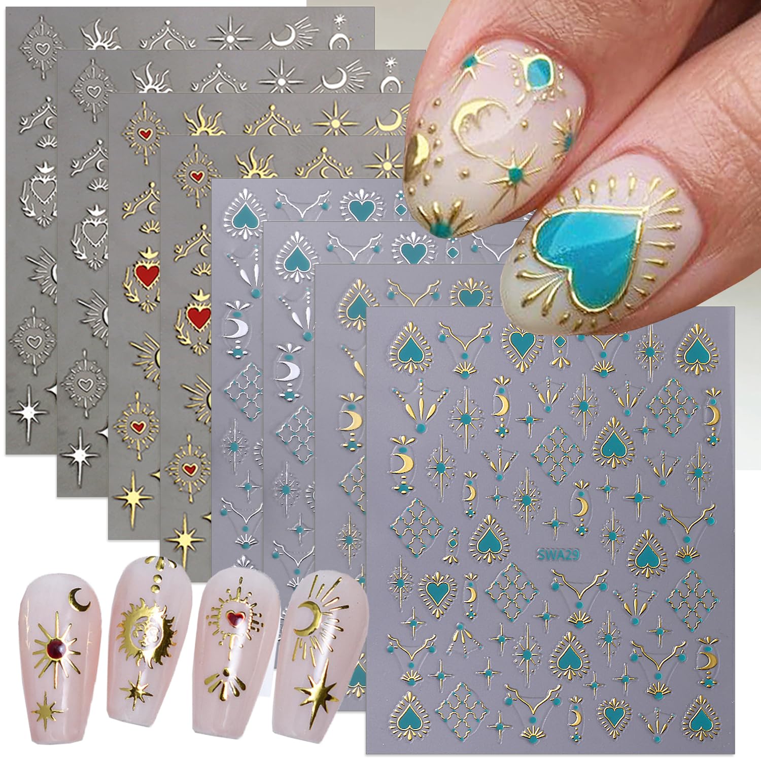 8 Sheets Sun Moon Star Nail Stickers - Silver Gold Heart 3D Self-Adhesive Nail Art Decals for DIY Manicure, Blue Green Red Stars Nail Design Stickers for Women & Girls - Perfect for Parties, Holidays & Nail Salon Decoration