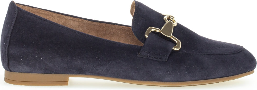 Gabor Navy Suede Loafers for Women with Gold Buckle - Classic Comfortable Slip-On Shoes for Work, Office & Casual Wear (Style 21136)