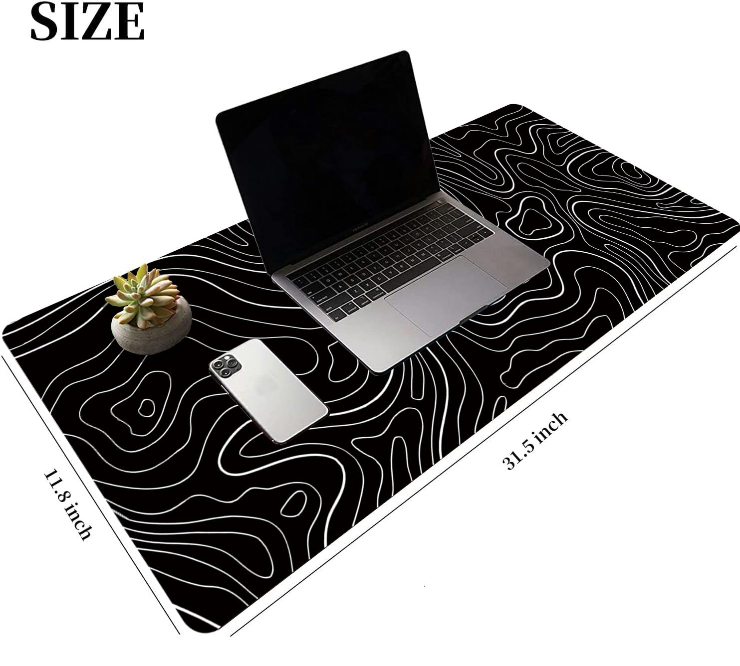 Large Gaming TOPO Keyboard Mouse Pad - Black & White Topographic Design with Anti-Slip Rubber Base - Extended XXL Desk Mat (31.5