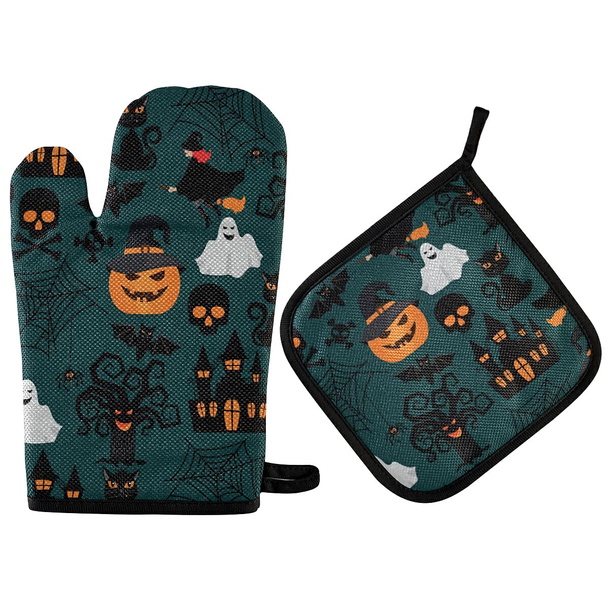 Halloween Pumpkin Ghost Oven Mitt & Pot Holder Set - Heat Resistant Cooking Gloves for Baking, Grilling & Cooking - Soft Cotton Lining with Non-Slip Surface - Perfect for Halloween Parties, Kitchen Decor & Spooky Baking