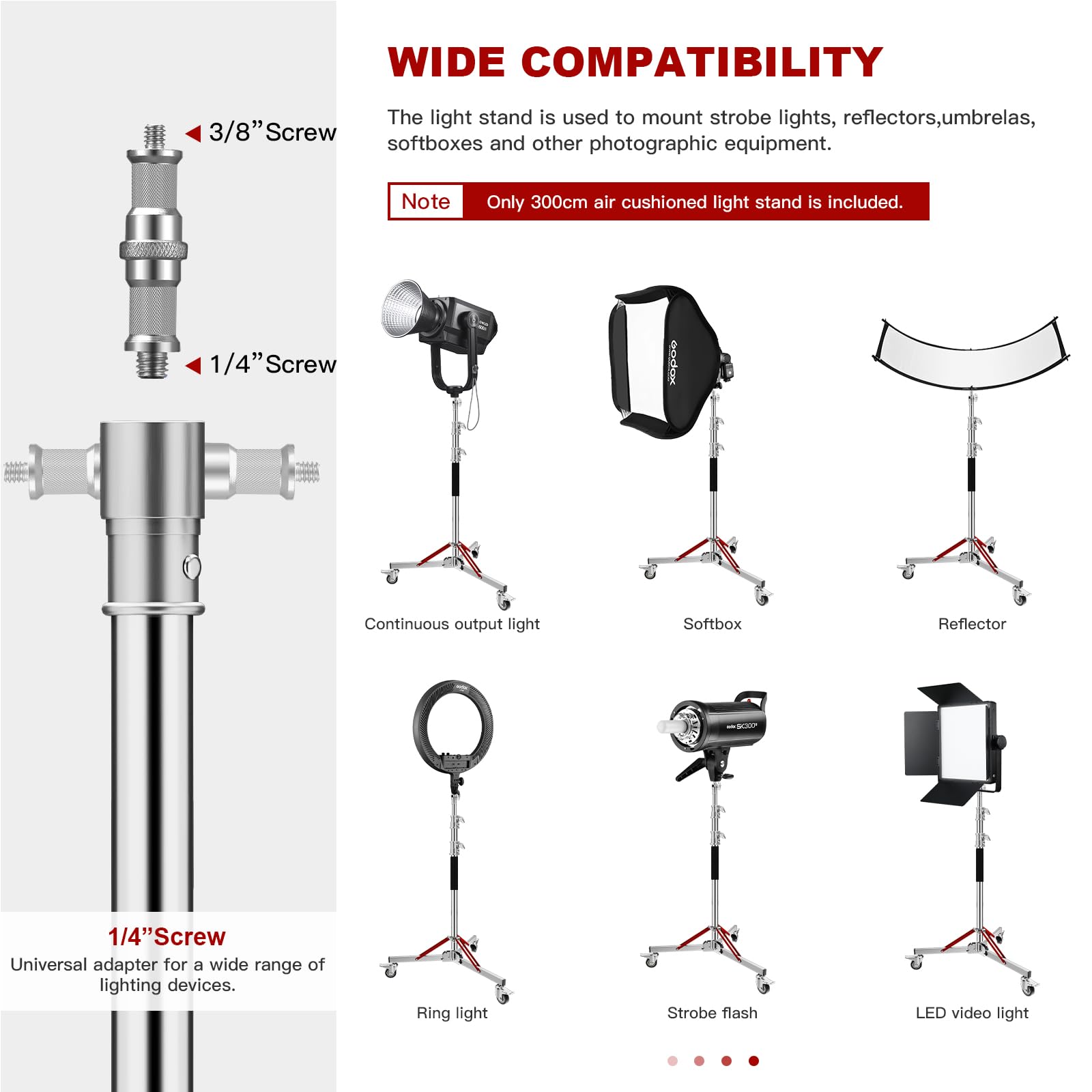 Professional Heavy Duty Light Stand with Wheels - 100% Stainless Steel Adjustable 130cm(4.3ft) to 305cm(10ft) Photography Stand Supports 30kg/66lb - Perfect for Studio Softbox, Monolight, Video Lighting (Silver) - Ideal for Photography Studios, Video Production, and Live Streaming Setups