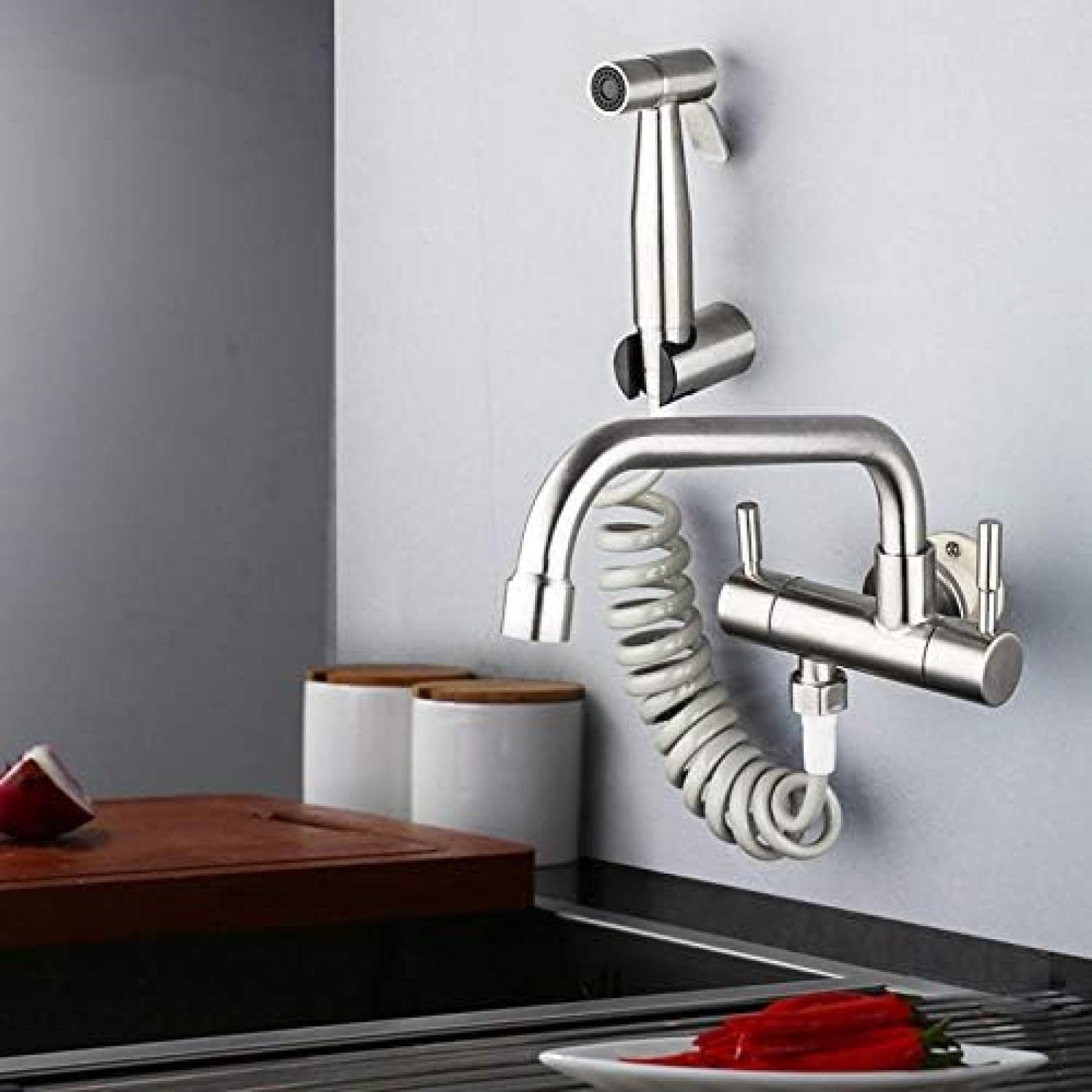 CRJUS Wall Mounted Kitchen Faucet - Dual Handle 304 Stainless Steel Sink Faucet with Cold Water Control - Perfect for Modern Farmhouse, RV, and Apartment Kitchens
