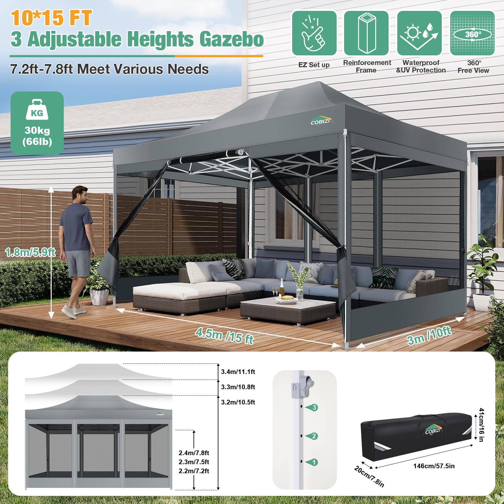 COBIZI 10x15 Heavy Duty Pop Up Canopy Tent with Waterproof Sidewalls & Mosquito Net - Easy Setup Instant Shelter for Outdoor Parties, Weddings, Backyard Events - Includes Carry Bag (Gray) | Perfect for Picnics, Camping, Farmers Markets & Tailgating