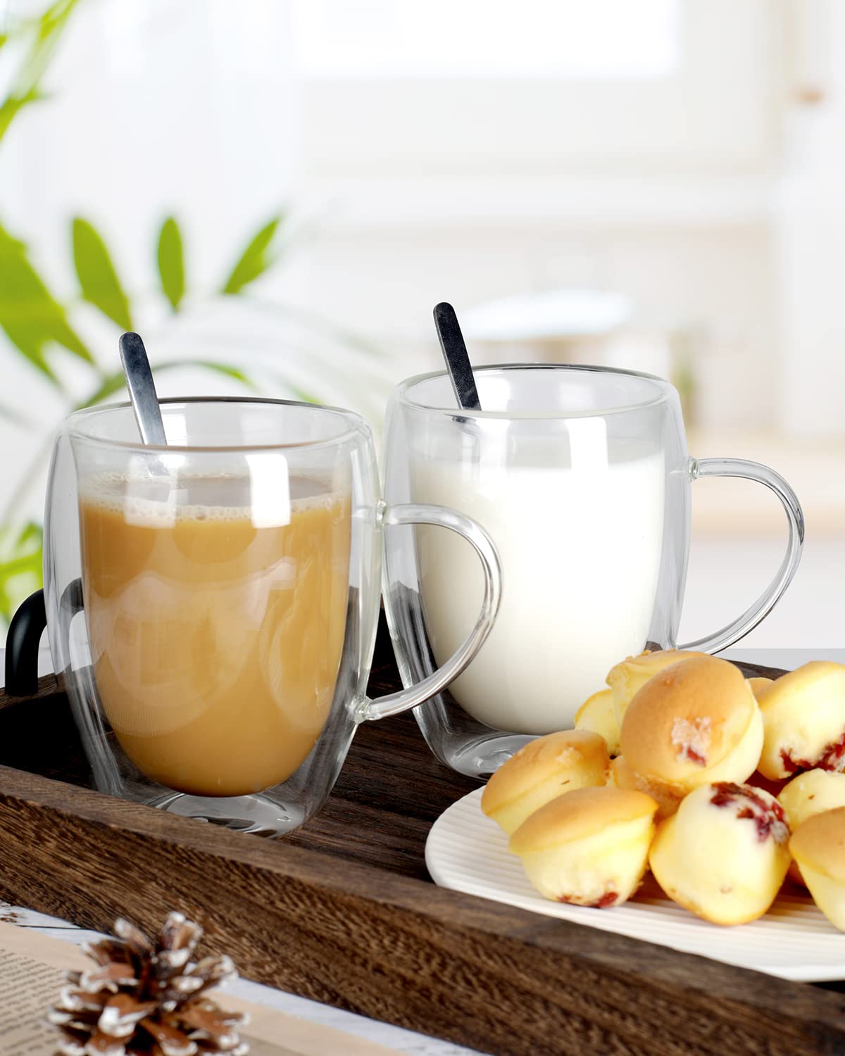 LIBWYS 2 Pack 350ml Double Walled Insulated Coffee Mugs with Lids & Spoons - Heat Resistant Glass Cups for Cappuccino, Latte, Tea - Perfect for Home, Office & Cafe Use