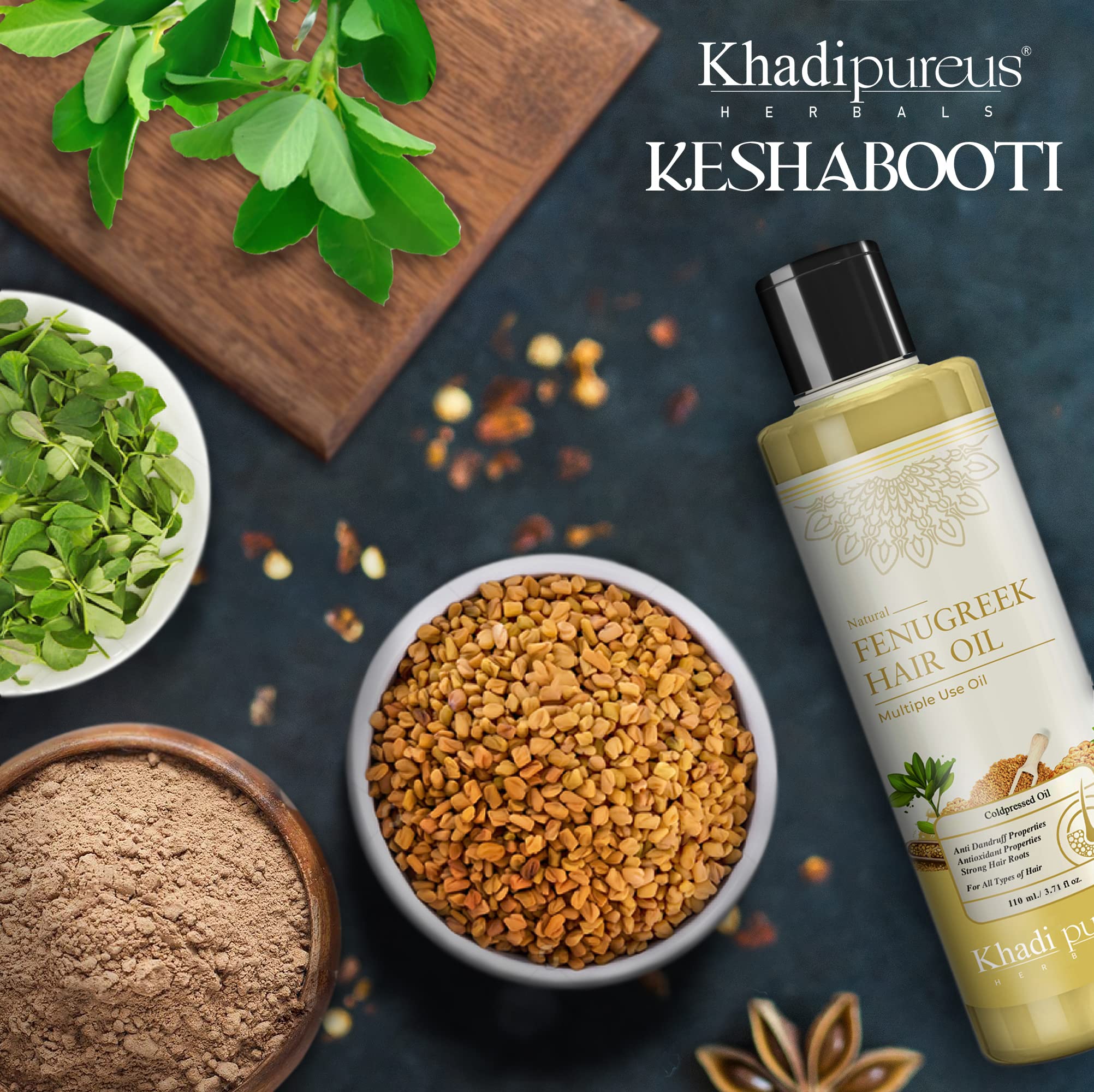 Khadi Pureus Herbals Keshabooti Fenugreek (Methi Dana) Oil - 110ml Hair Growth Oil for Women & Men | Anti-Dandruff, Frizz Control & Scalp Nourishment | Skin Care & Massage Oil with Comb Applicator | Perfect for Daily Hair Care Routine & Relaxing Scalp Massage