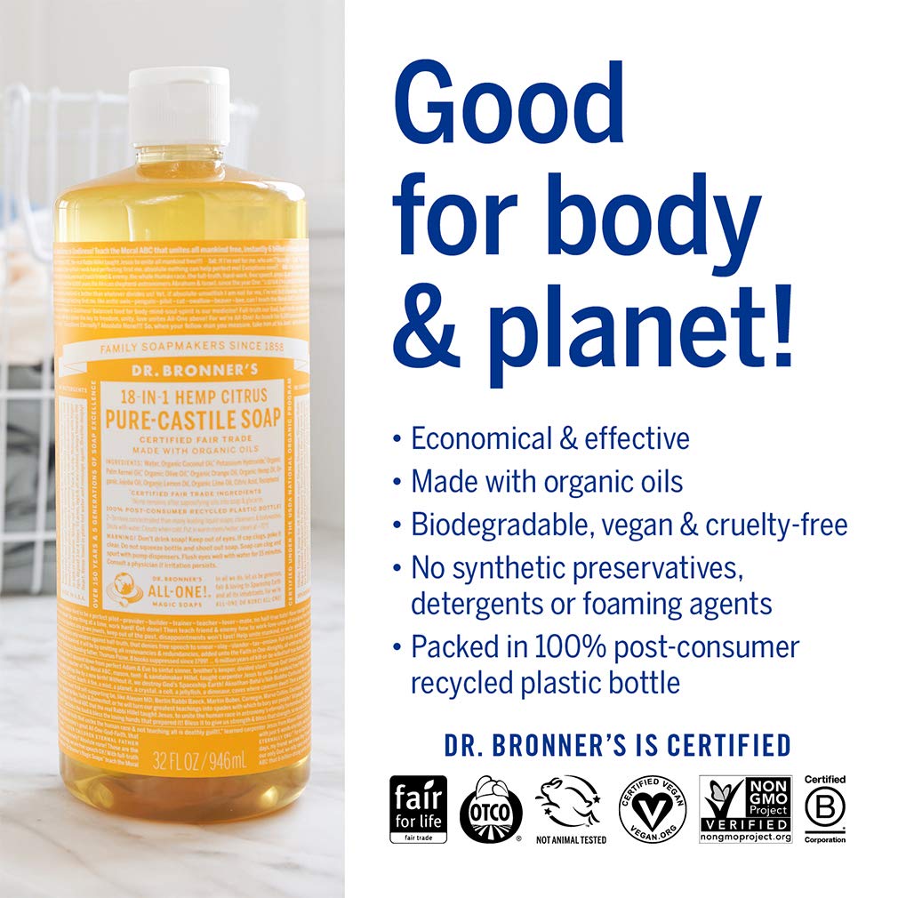 **Dr. Bronner's Organic Pure-Castile Liquid Soap - Citrus Scent, 1 Gallon - 18-in-1 Multipurpose Soap for Face, Body, Hair, Laundry, Pets & Dishes - Concentrated, Vegan, Non-GMO - Perfect for Home, Travel & Eco-Friendly Cleaning**