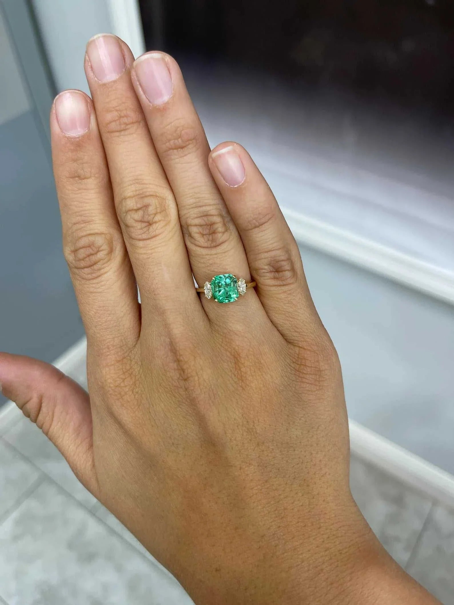 2.96tcw 18K Gold Three Stone Asscher Cut Emerald & Marquise Diamond Engagement Ring for Women - Perfect for Proposals, Anniversaries, and Special Occasions