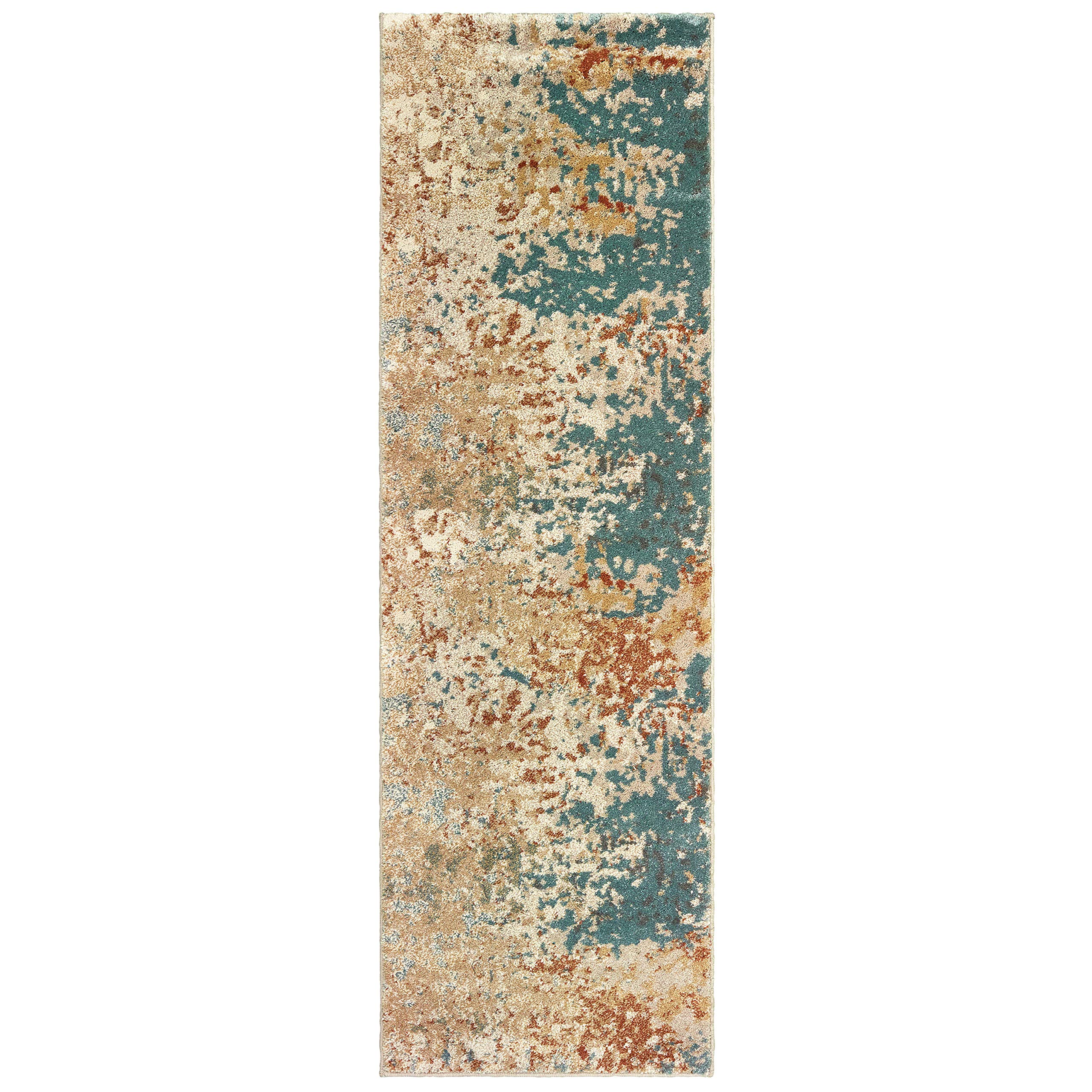 Solo Rugs Lyla Contemporary Abstract Area Rug 2' x 8' Blue & Orange - Modern Boho Runner for Hallway, Living Room, Bedroom Decor