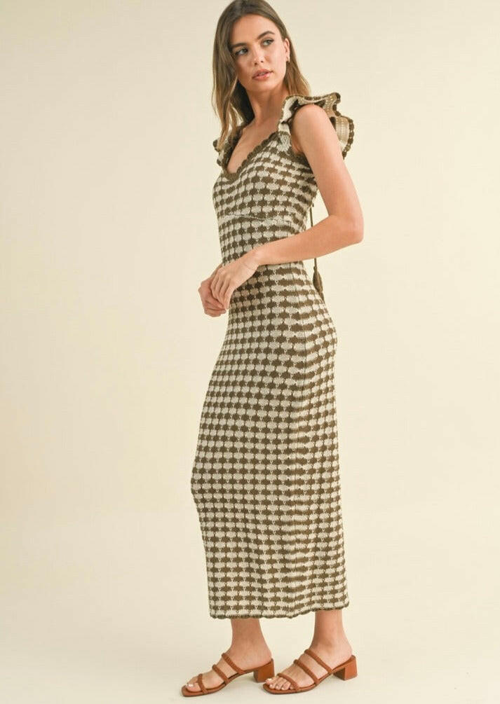 Brown & Stone Checkered Crochet Knitted Ruffle Sleeve Dress - Boho Chic Summer Dress for Beach, Party & Casual Outfits