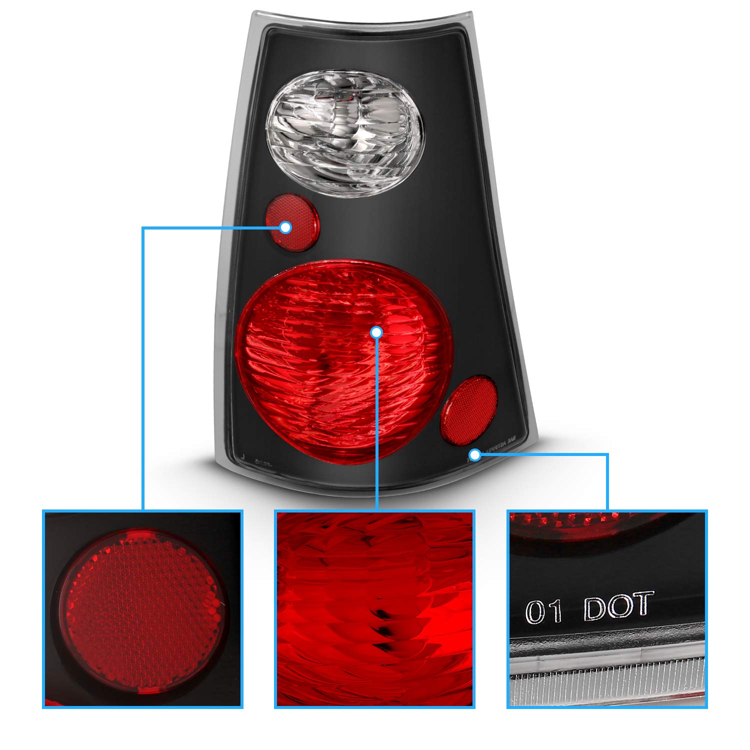 AmeriLite Black Replacement Brake Tail Lights Set for 2001-2005 Ford Explorer Sport Trac - Left & Right Side - Durable LED Lights for Improved Visibility & Safety at Night Driving