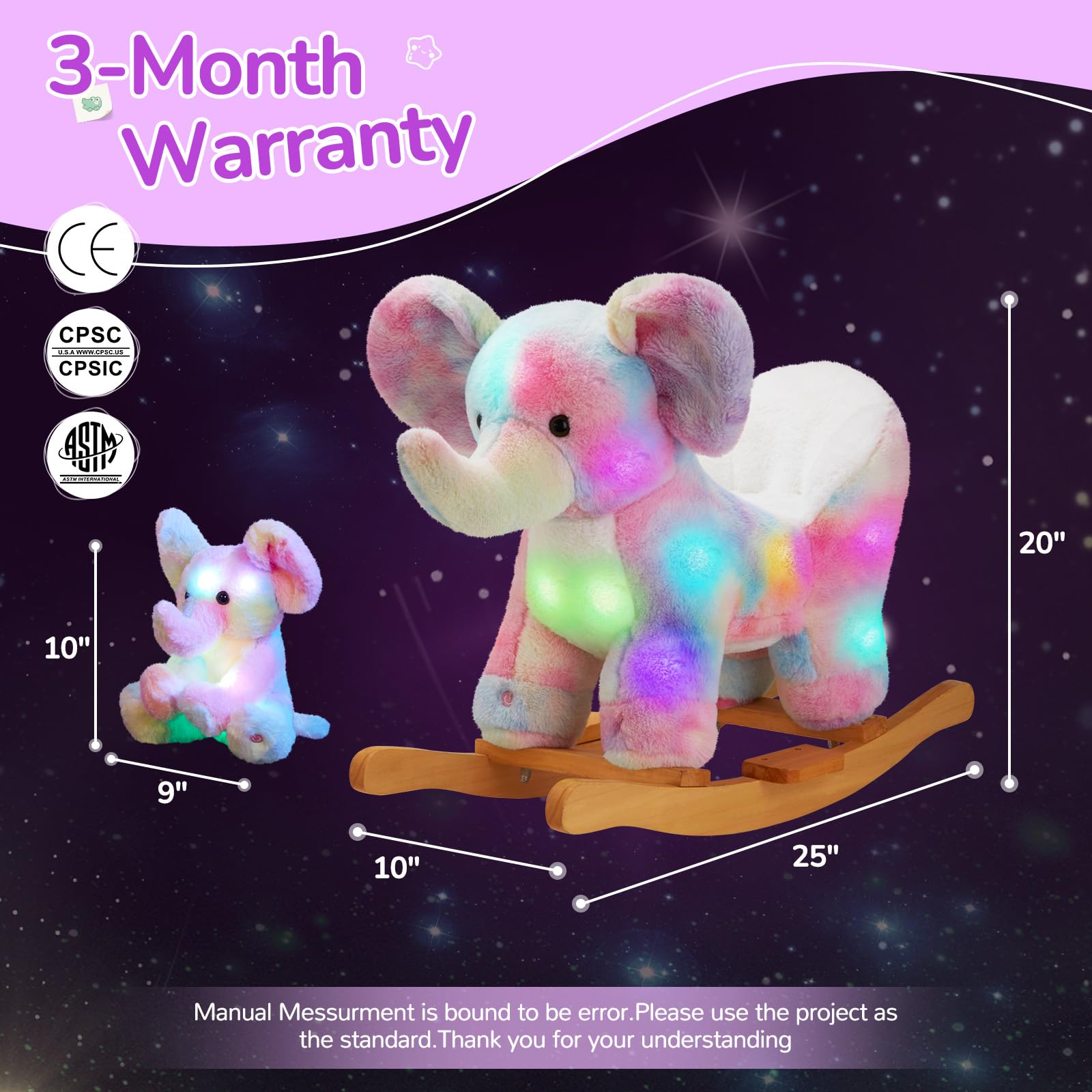 Glow Guards Light Up Musical Elephant Baby Rocking Horse & Rainbow Plush Toy Set - Wooden Rocking Chair for Toddlers Girls & Boys Ages 1-3 - Perfect for Nursery Decor, Birthday Gifts & Early Childhood Development Playtime