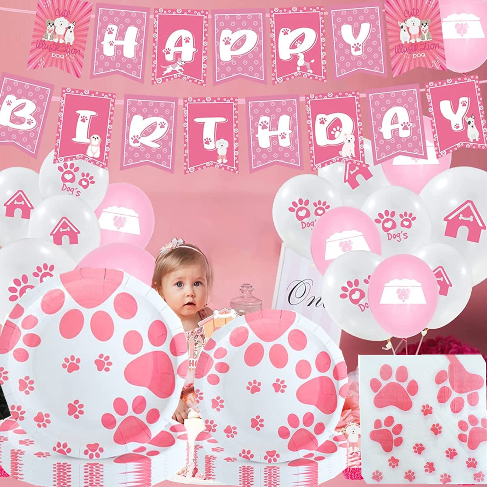 Pink Dog Paw Prints Party Supplies Set - Includes Paper Plates, Cups, Napkins & Straws for Dog Birthday & Baby Shower Celebrations | Perfect for Puppy Themed Parties, Pet Lover Events & Cute Animal Decorations