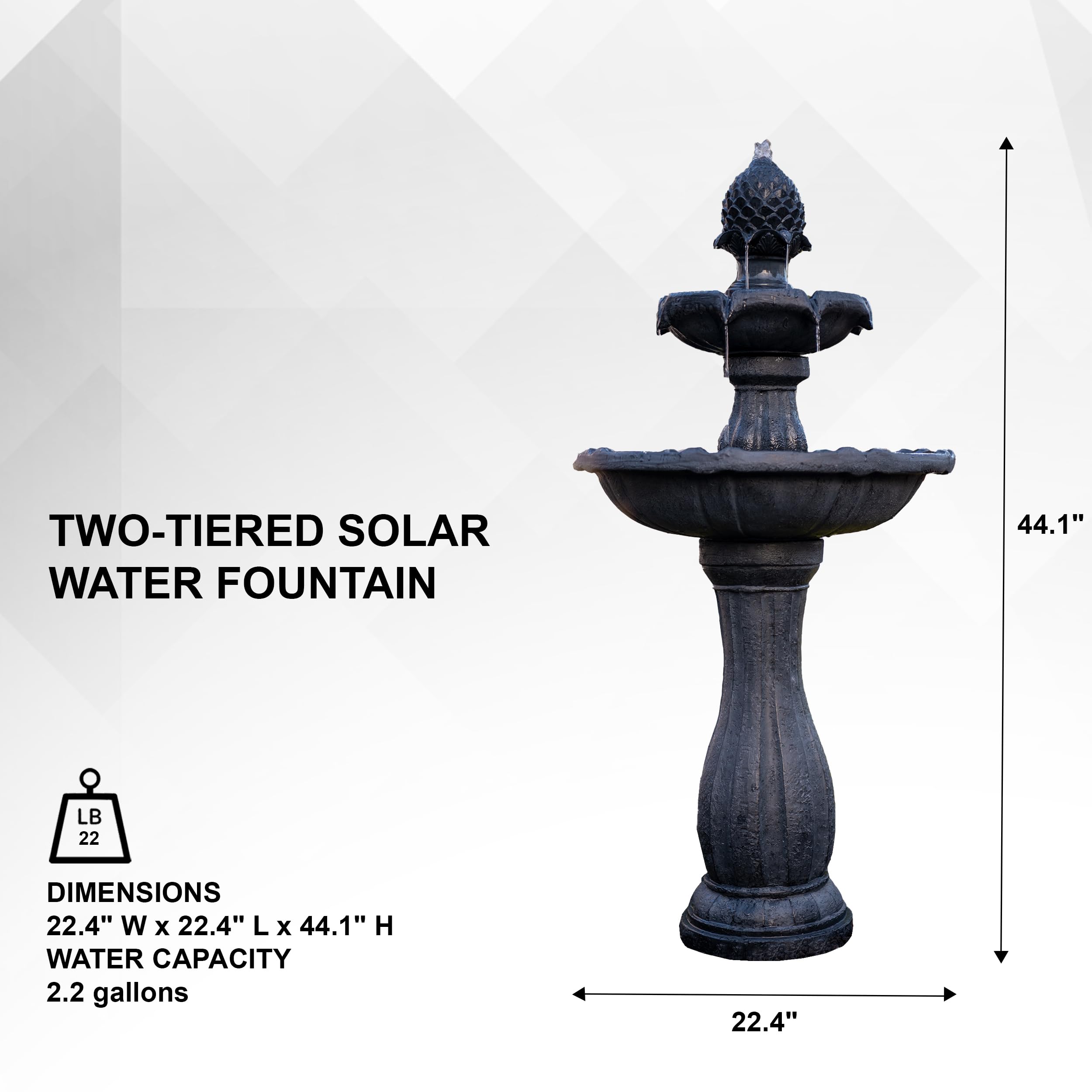 XBrand 44-Inch Tall Black Fiberglass/Resin 2-Tier Solar Water Fountain with Solar Panel & Auto-Shut Off Pump - Outdoor Garden Decor for Patio, Yard, and Landscape (Perfect for Bird Baths & Relaxation)