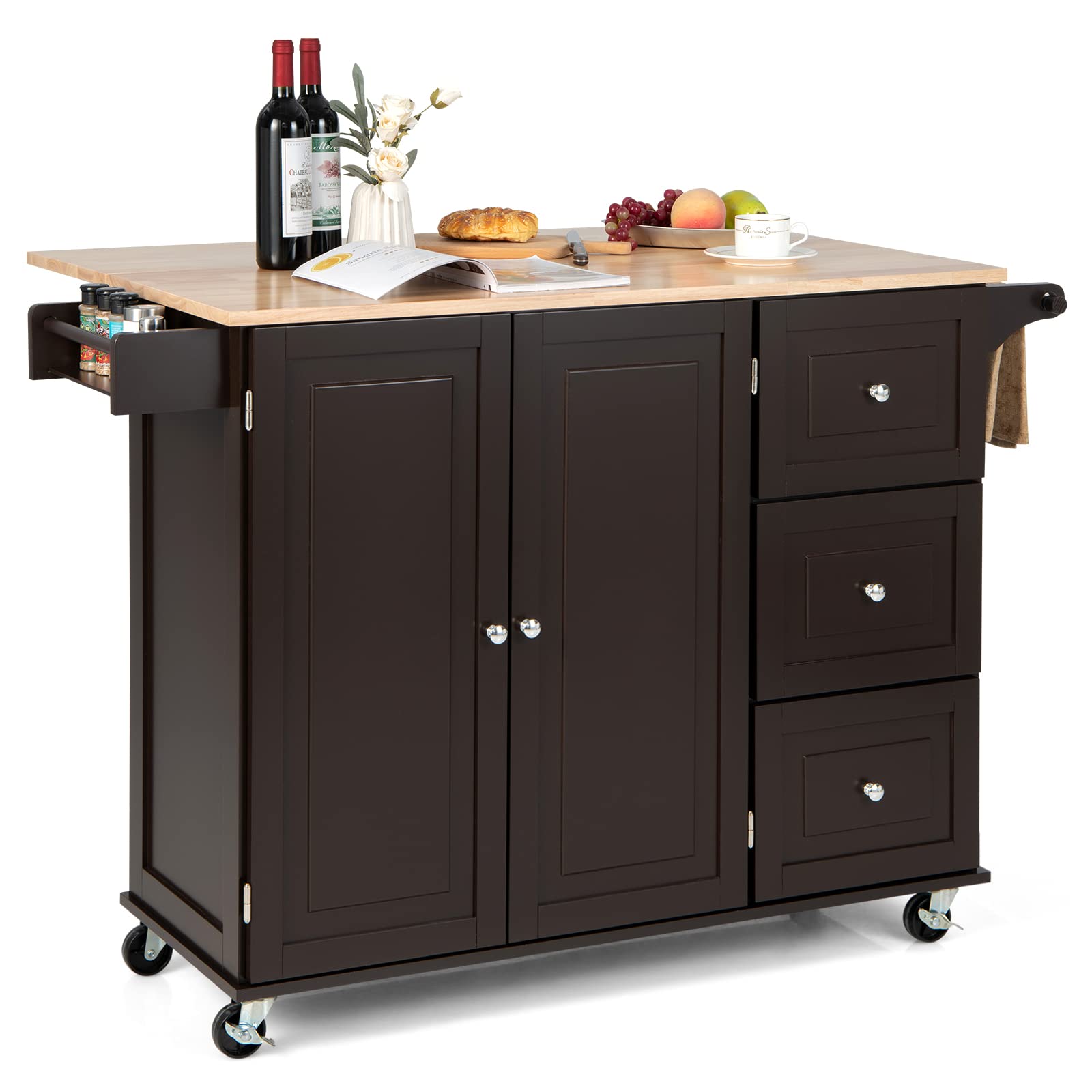 GOFLAME Kitchen Island Cart with Drop Leaf - Rolling Kitchen Cart on Wheels with Rubber Wood Top, 3 Drawers, Towel & Spice Rack, 2-Door Cabinet - Mobile Serving Trolley for Kitchen, Dining Room & Small Spaces (Brown) - Perfect for Food Prep, Extra Storage & Entertaining