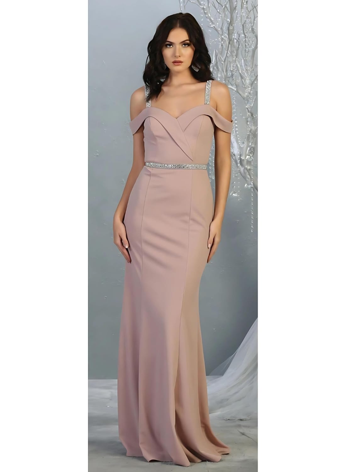 Embellished Straps Off-Shoulder Formal Long Gala Dress for Women - Dusty Rose Elegant Evening Gown for Prom, Wedding, Cocktail Party & Special Occasions