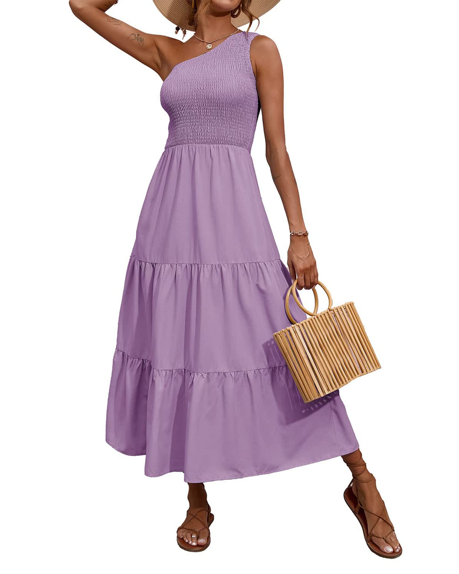 BTFBM Women's One Shoulder Floral Maxi Dress - Summer 2025 Casual Sleeveless High Waist Flowy Smocked Boho Beach Dress for Vacations & Outdoor Parties