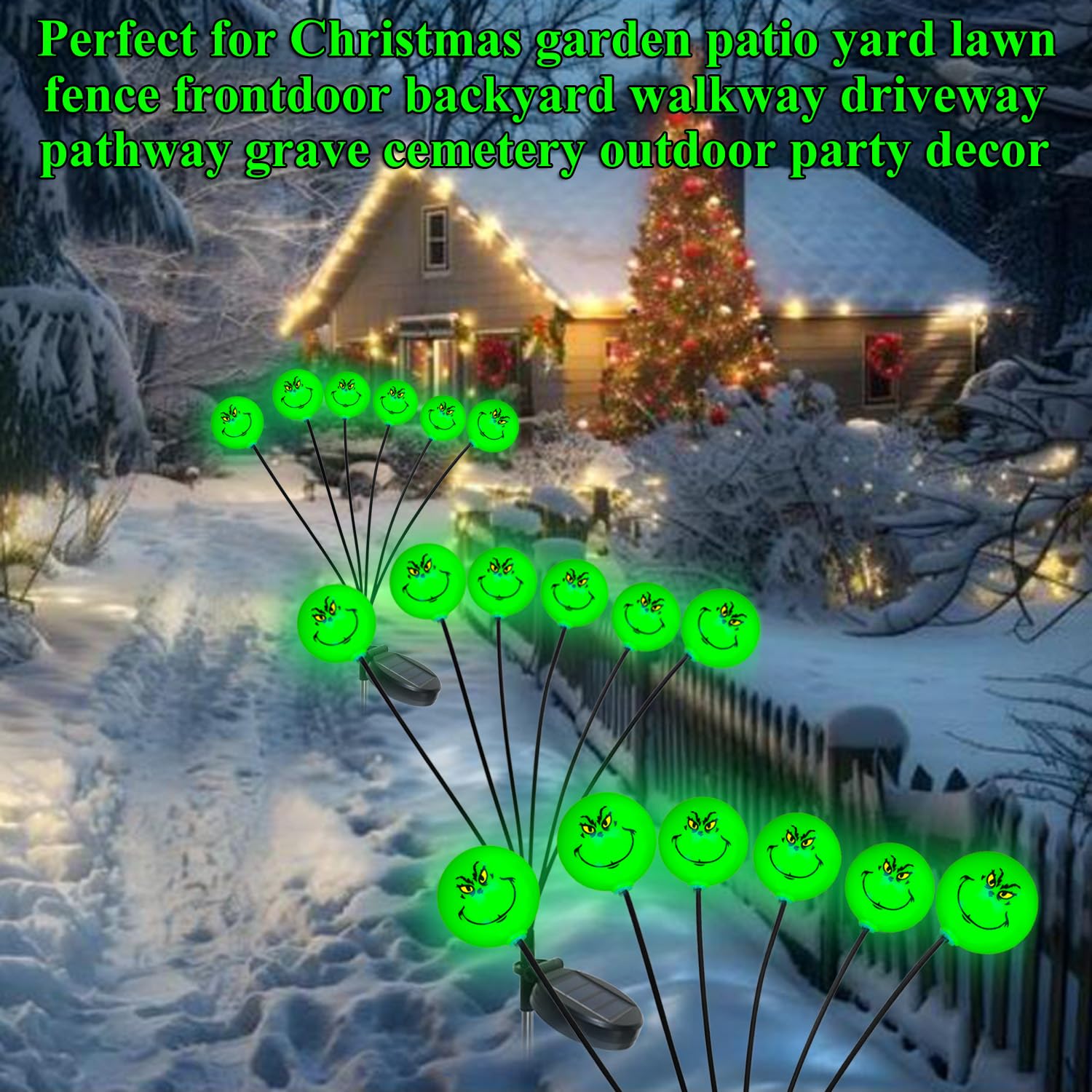 Upgraded 2-Pack Solar Grinch Christmas Decorations - 12 LED Swaying Firefly Lights for Outdoor Pathway, Garden, Patio & Yard - Waterproof Solar-Powered Grinchmas Decor for Holiday Lighting (Perfect for Christmas Party, Front Yard Display & Festive Nighttime Ambiance)
