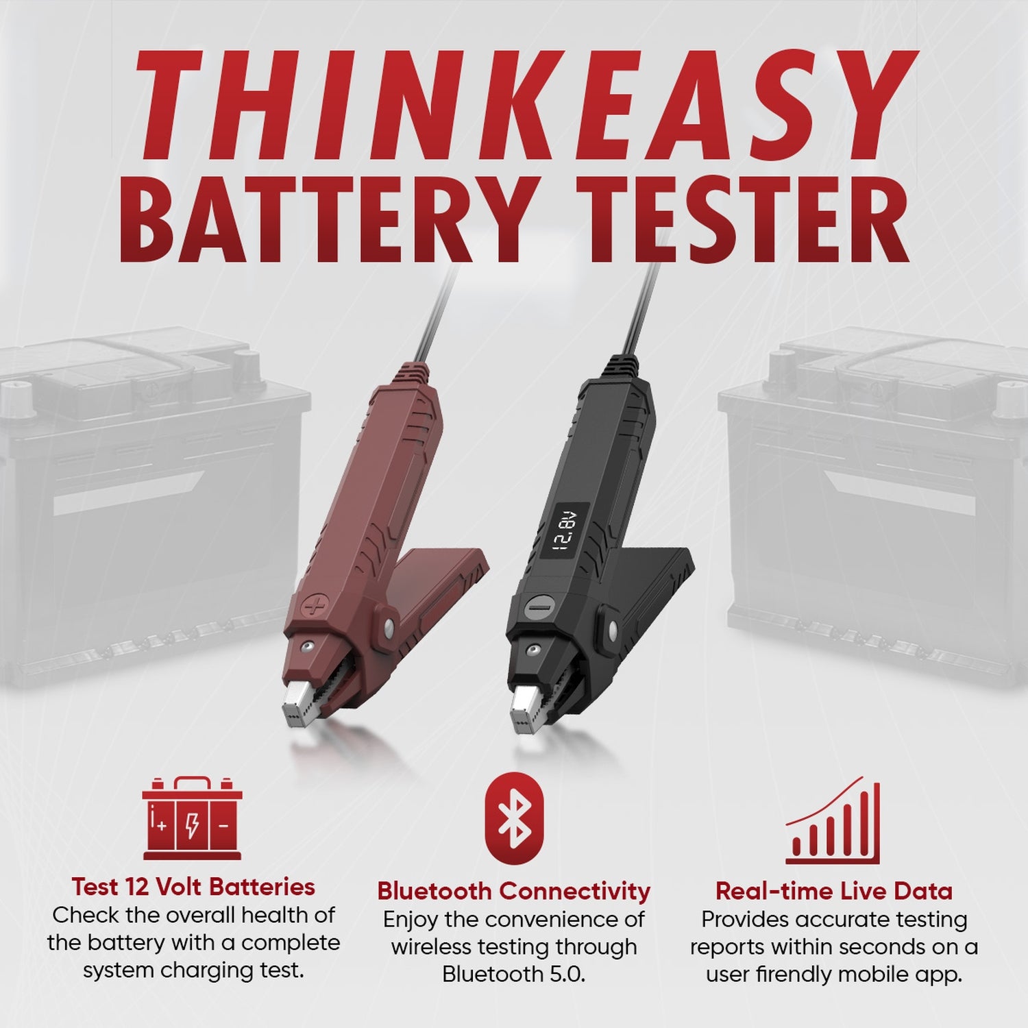 THINKEASY V2 Bluetooth 5.0 Car Battery Tester & Automotive Alternator Tester with Mobile App - Diagnose Vehicle Battery Health, Check Charging System for Cars, Trucks, SUVs & RVs