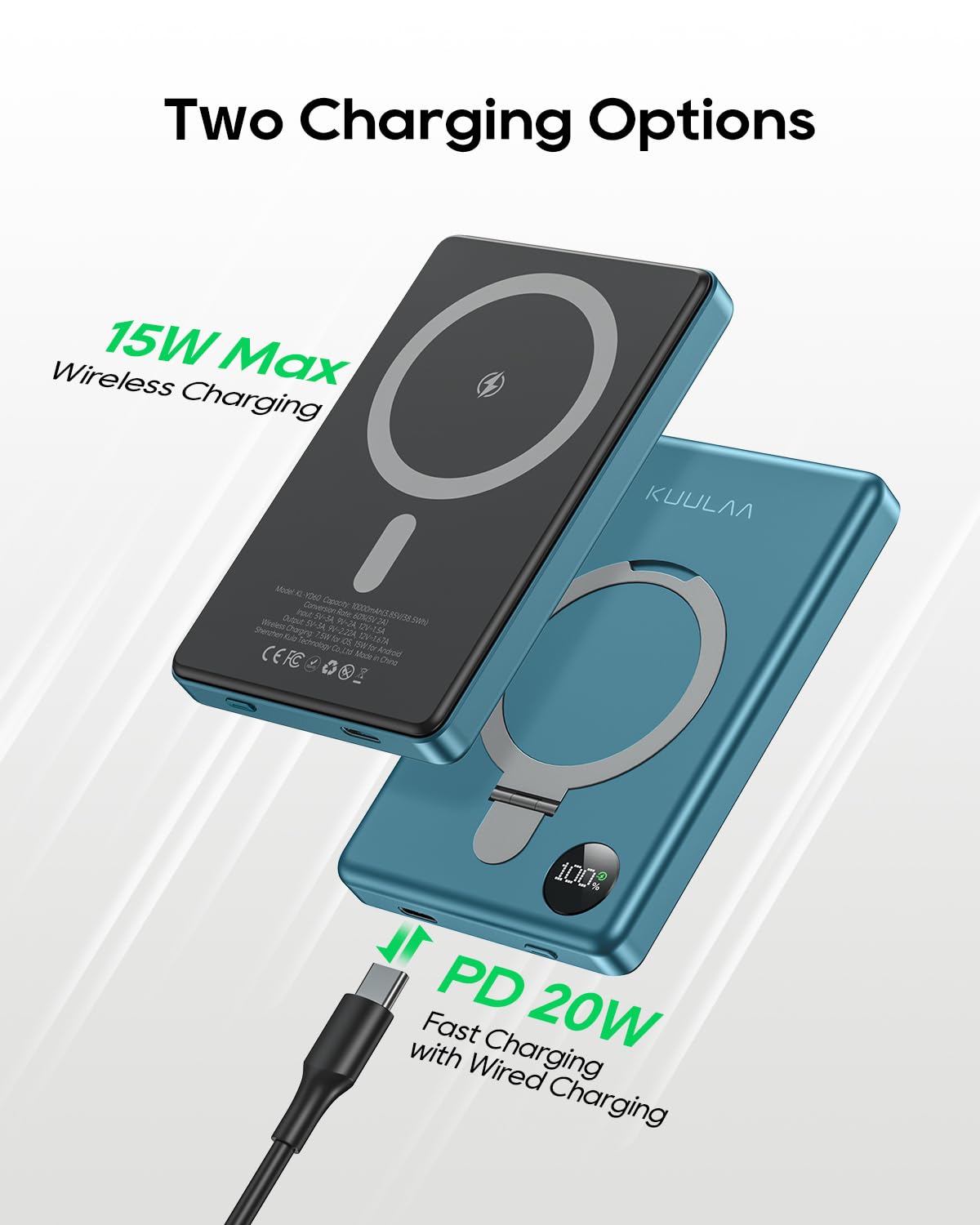 Kuulaa 10000mAh Magnetic Power Bank with LED Display & Stand - PD 20W Fast Charging, Ultra Slim Portable Charger for iPhone 15/14/13/12 Series, Magsafe Wireless Charger Battery Pack (Green) | Perfect for Travel, Work & Outdoor Adventures