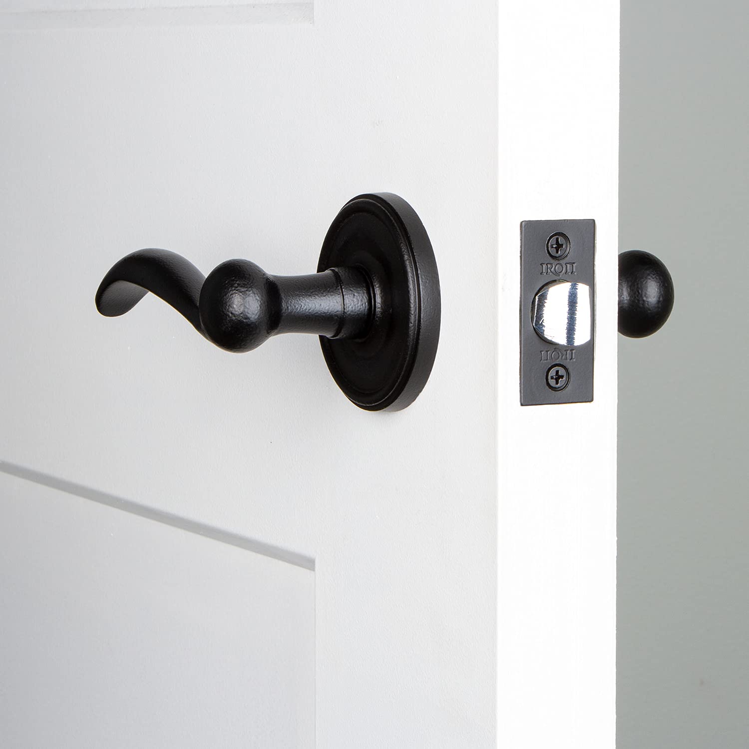 Black Iron Ageless Iron Loch Rosette Passage with Tine Lever - Left Handed for Vintage Doors & Cabinets