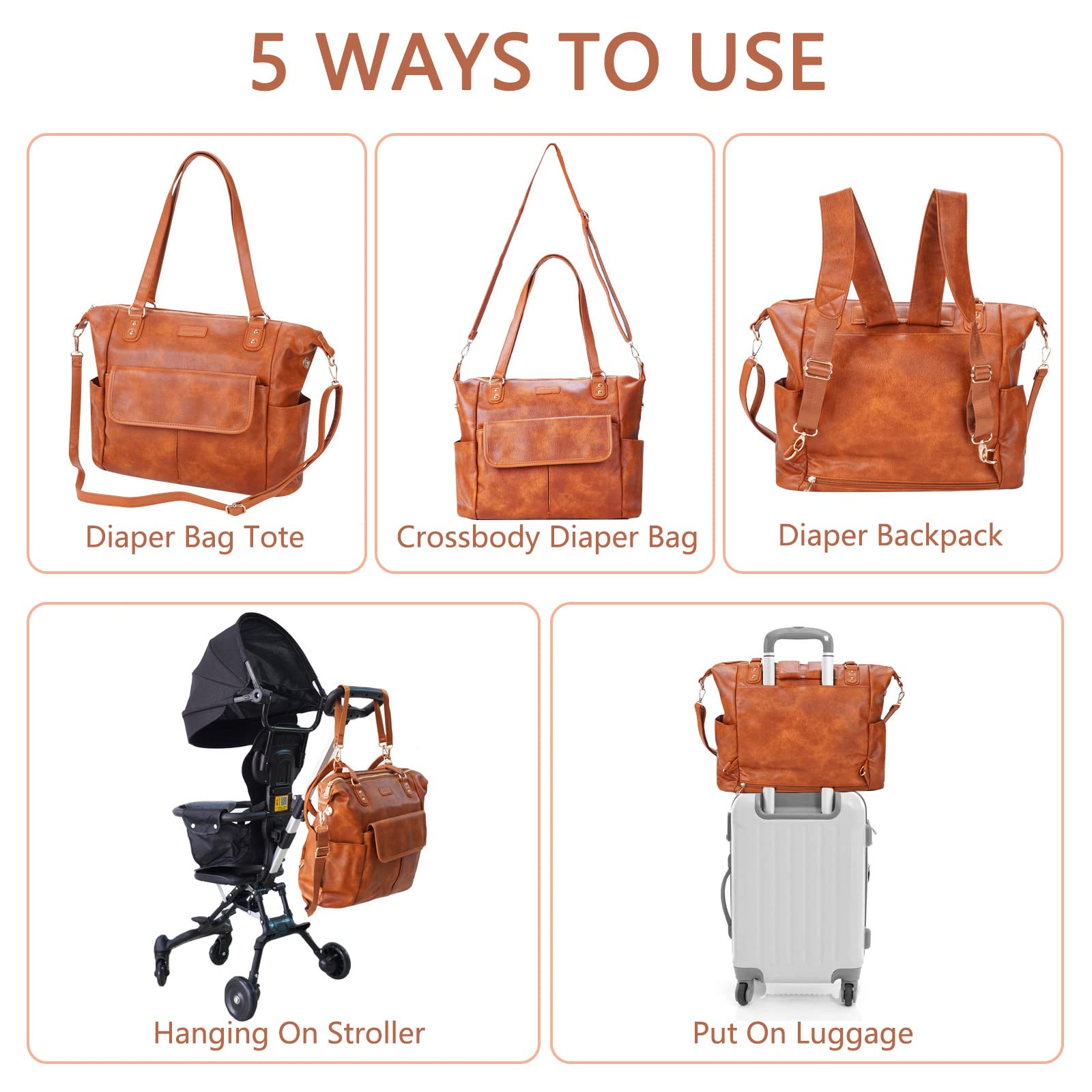 Johomviin Stylish Leather Diaper Bag Backpack for Moms & Dads - Large Waterproof Baby Travel Tote with Multiple Pockets | Perfect for Daycare, Family Outings & Airplane Travel with Toddlers