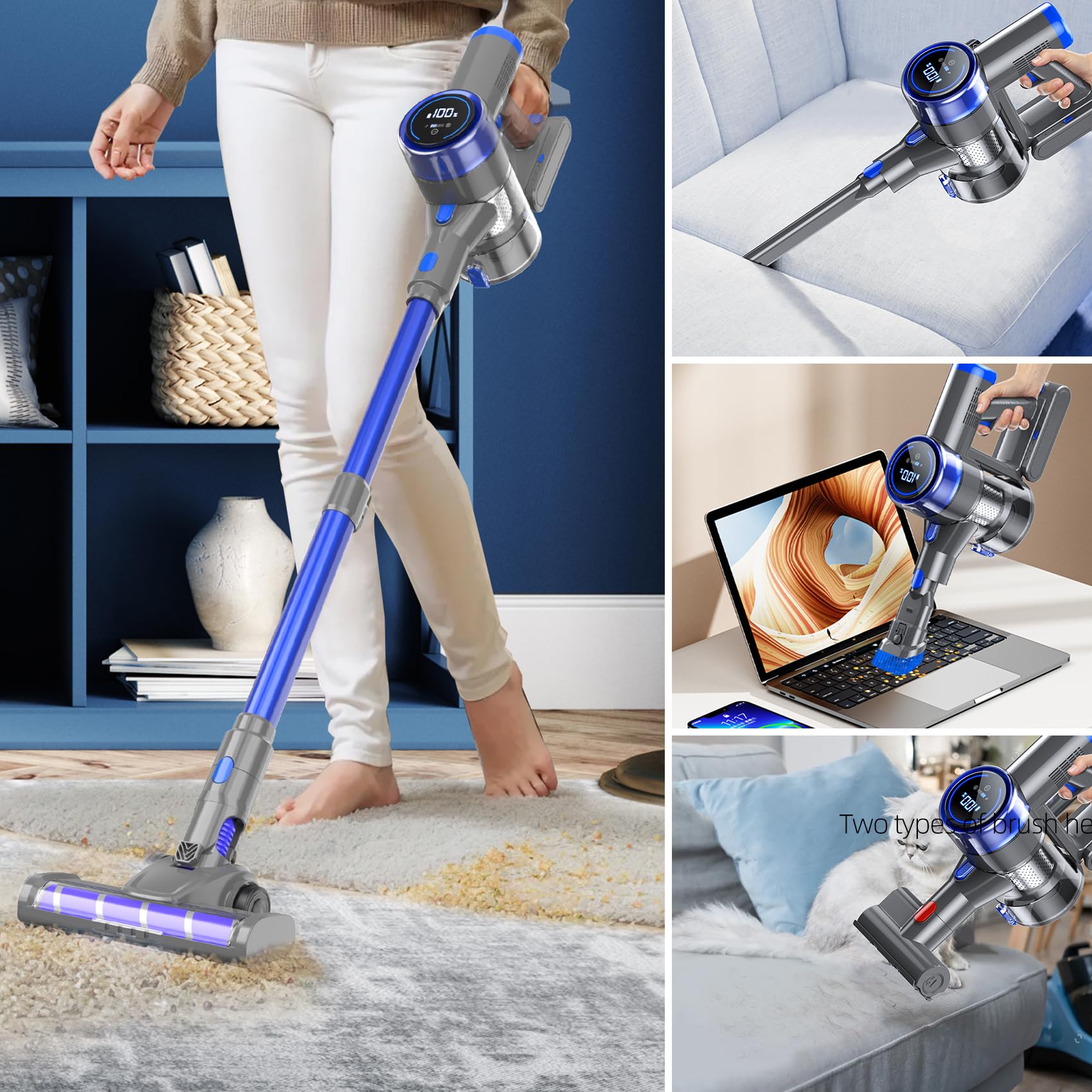 33KPA/400W Rechargeable Cordless Stick Vacuum Cleaner - 45 Min Runtime, 6-in-1 Lightweight Handheld Vacuum for Hard Floors, Carpets & Pet Hair | Perfect for Home, Car & Pet Owners | Quick Cleanups & Deep Cleaning