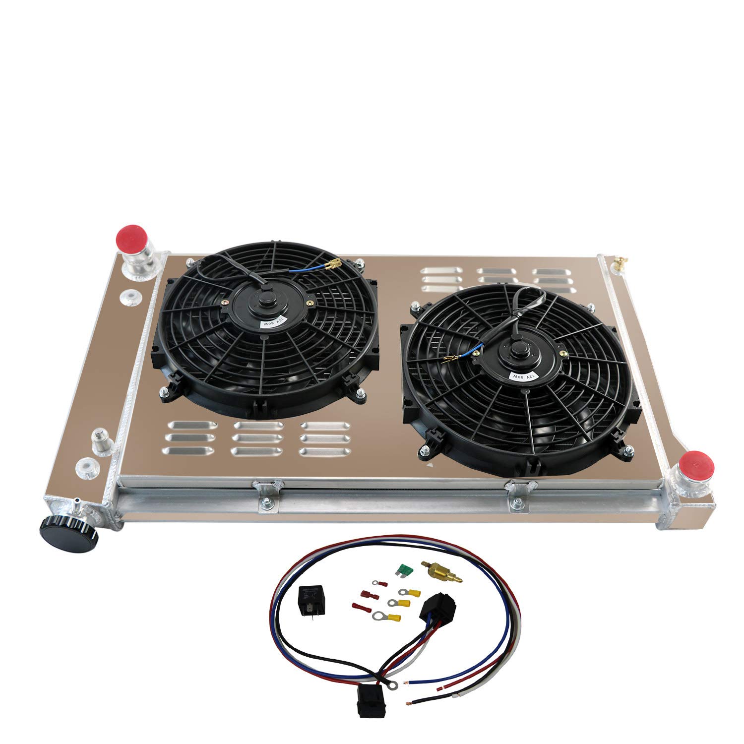 ALLOYWORKS 4 Row Aluminum Radiator with Shroud Fan & Relay Kit - Compatible with 1967-1972 Chevy C10 C20 C30 K10 K20 K30 & GMC Pickup Trucks - Heavy Duty Cooling for Off-Road, Towing & Performance Upgrades