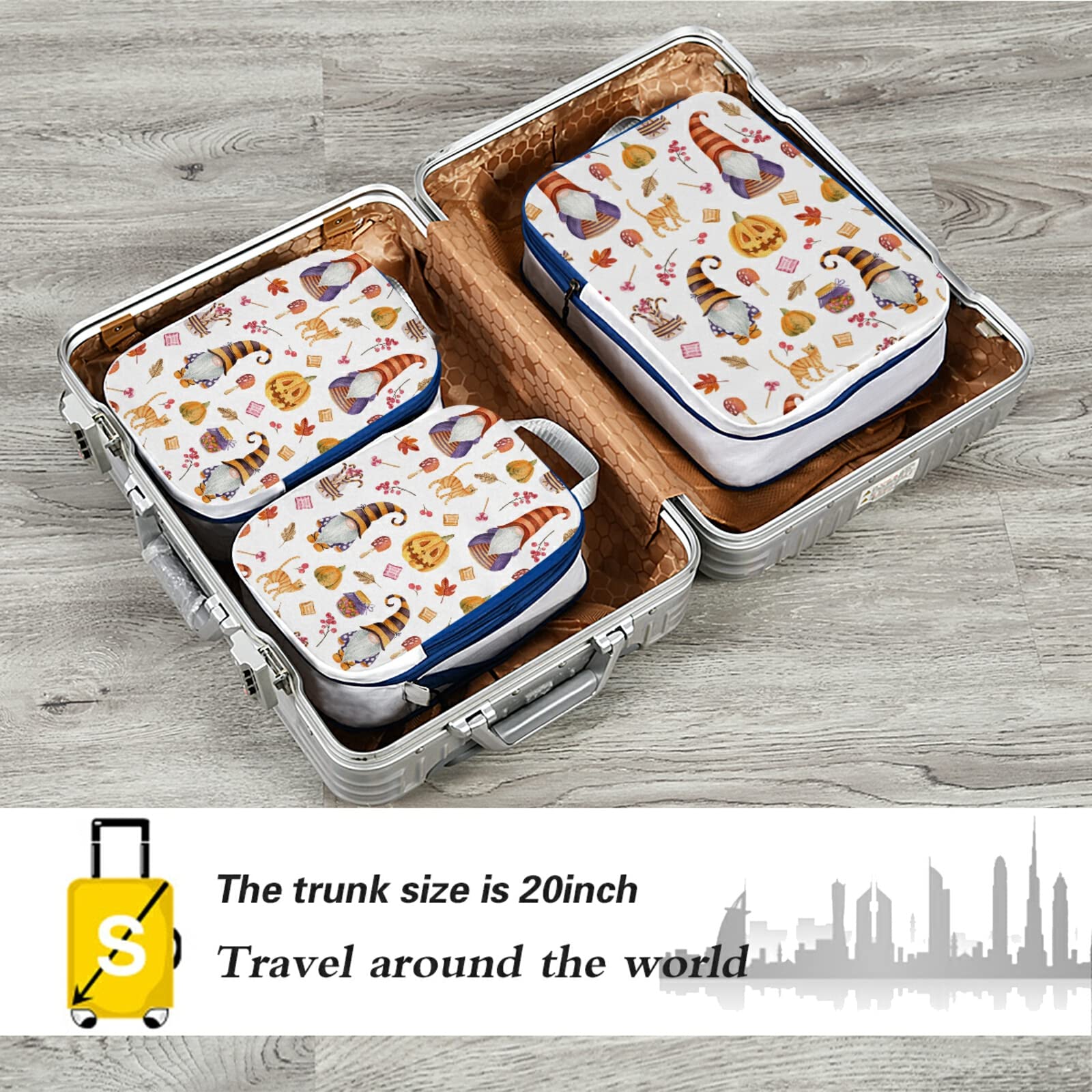 Expandable Adjustable Ultralight Luggage Packing Bags - 3 Piece Set of Compressible Travel Organizer Cubes for Suitcase | Halloween Watercolor Gnomes, Pumpkins & Leaves Design | Perfect for Air Travel, Weekend Getaways & Business Trips