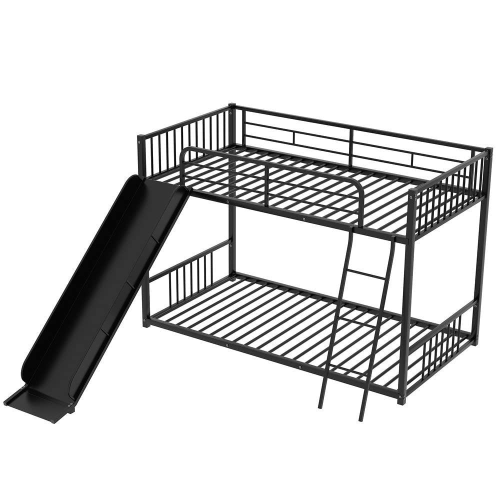Metal Twin Over Twin Bunk Bed with Slide - Low Profile Bunk Bed Frame with Safety Guardrail & Inclined Ladder - Space-Saving Kids Bunk Bed with Headboard & Footboard for Boys & Girls - No Box Spring Needed (Black) - Perfect for Small Bedrooms, Shared Kids' Rooms & Vacation Homes