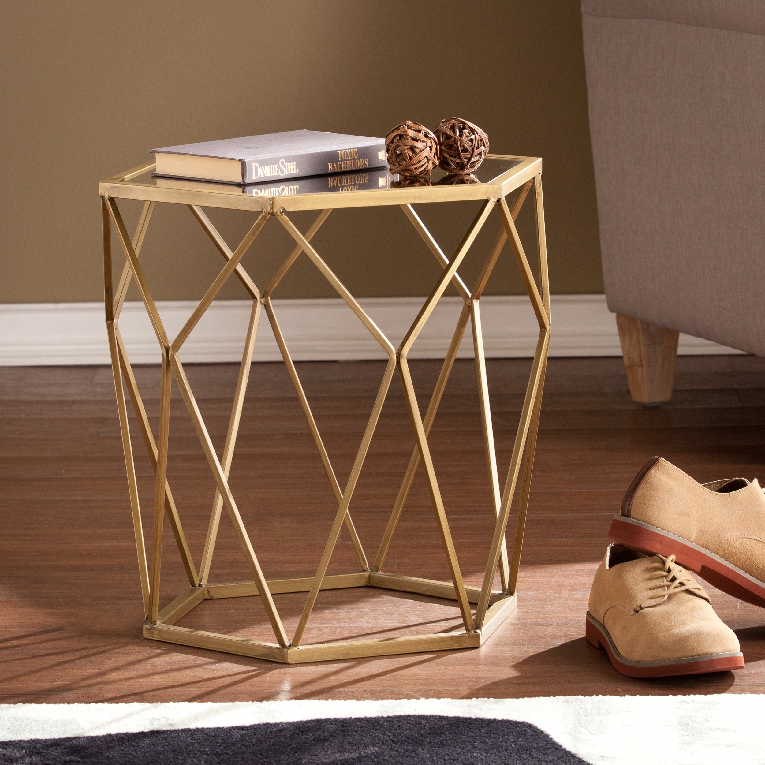 SEI Furniture Joelle Geometric Accent Table - Soft Gold & Antique Mirror Finish | Modern Side Table for Living Room, Bedroom, or Office Decor