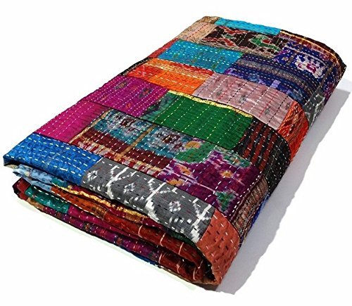 Indian Queen Size Patchwork Silk Kantha Quilt 90x108 Inch - Handmade Multicolor Silk Patola Bedspread & Throw Blanket for Bedroom Decor, Guest Room, Cozy Living Room Throw