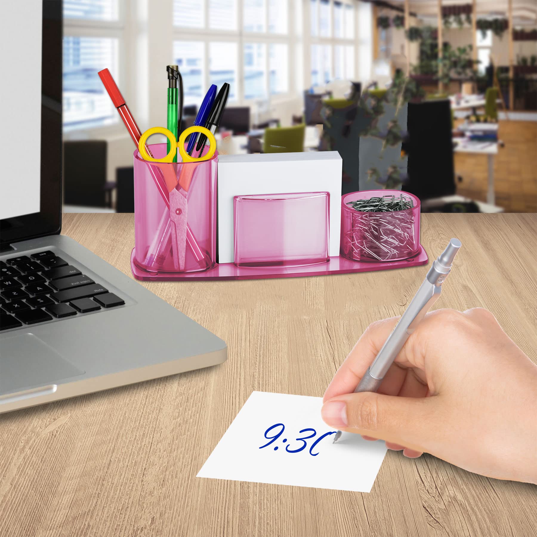 Acrimet Millennium Clear Pink Plastic Desktop Organizer - Pen, Pencil, Clip & Paper Holder with Included Paper - Perfect for Office, School & Home Desk Organization