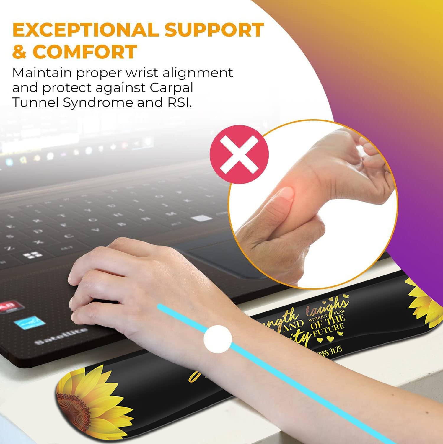 Ergonomic Memory Foam Mouse Pad & Keyboard Wrist Rest Set - Comfortable Support for Office, Home, Gaming & Laptop Use - Sunflower Christian Bible Verse Design (Black) - Perfect for Long Work Hours & PC Gaming Sessions