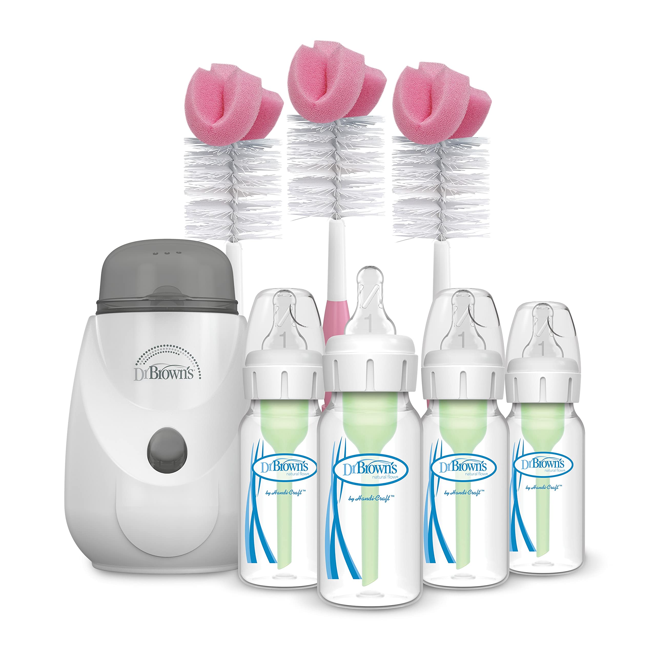 Dr. Brown’s Anti-Colic Baby Bottle Warmer & Sterilizer with 4-Pack 4oz Narrow Bottles, Level 1 Slow Flow Nipples (0m+) & Cleaning Brush Set - Pink | Fast Heating for Breastmilk & Formula | Perfect for Night Feeds, Travel & Daycare Use