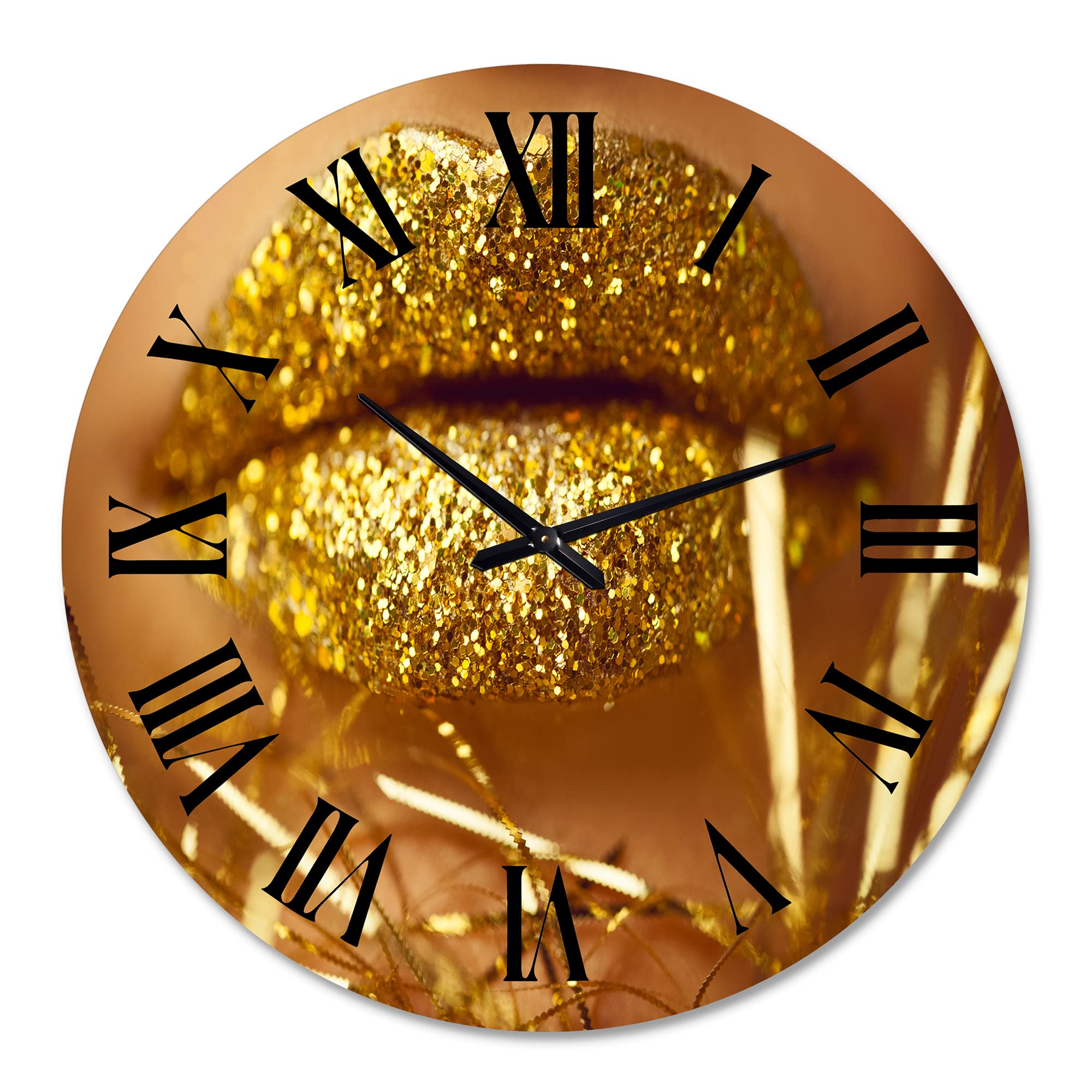 DesignQ Modern Golden Woman Lips Large Wall Clock - Stylish Living Room Decor for Home & Office | Perfect for Bedroom, Kitchen, and Office Spaces